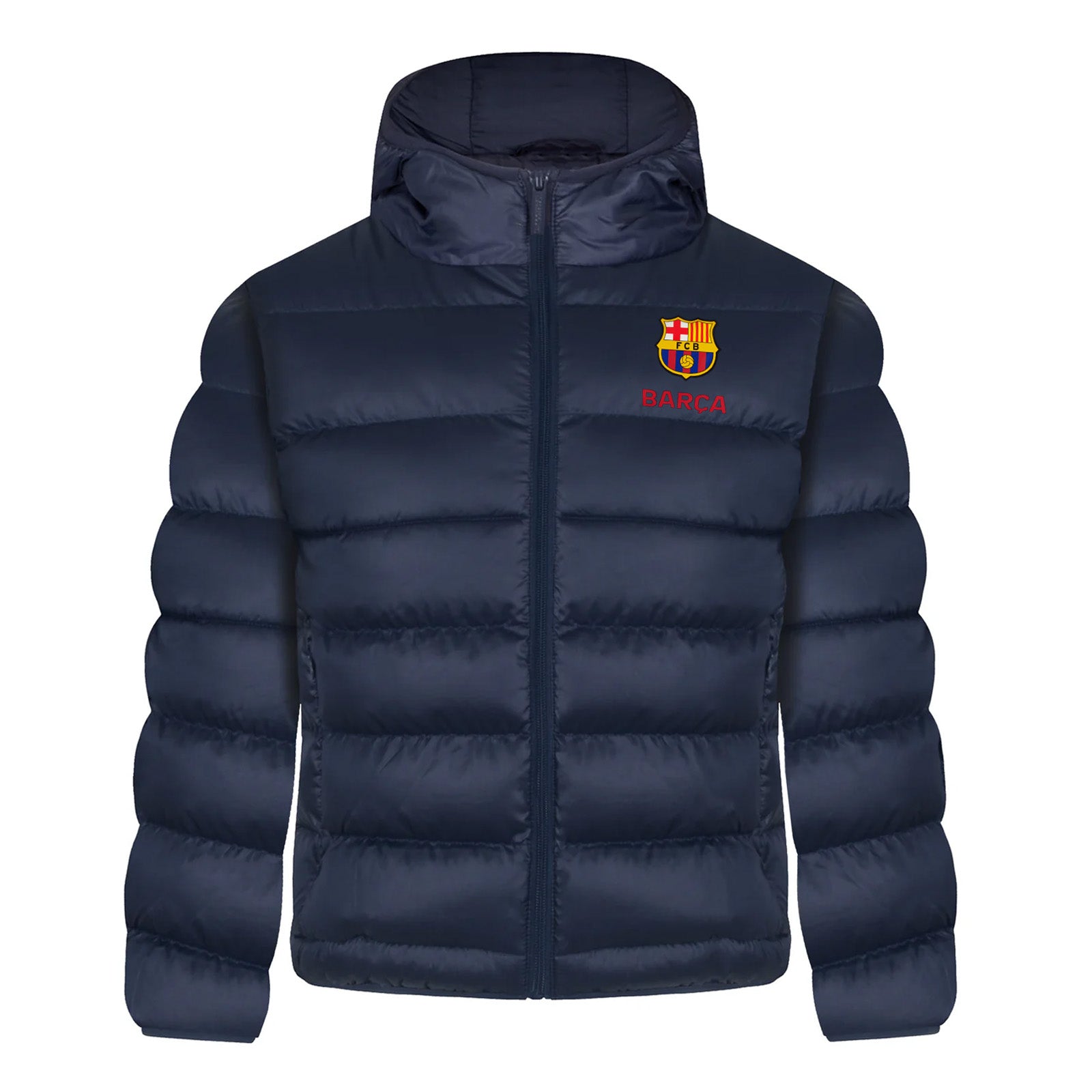 FC Barcelona kids quilted jacket in navy blue with club crest to chest.
