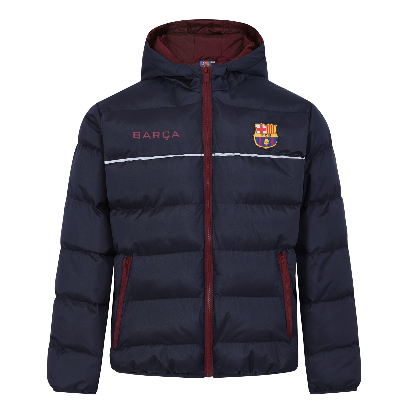 FC Barcelona kids quilted jacket in navy with club crest to chest.