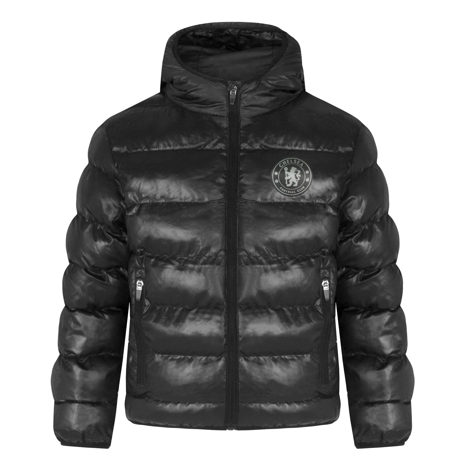 Chelsea kids quilted jacket in black with club crest to chest.