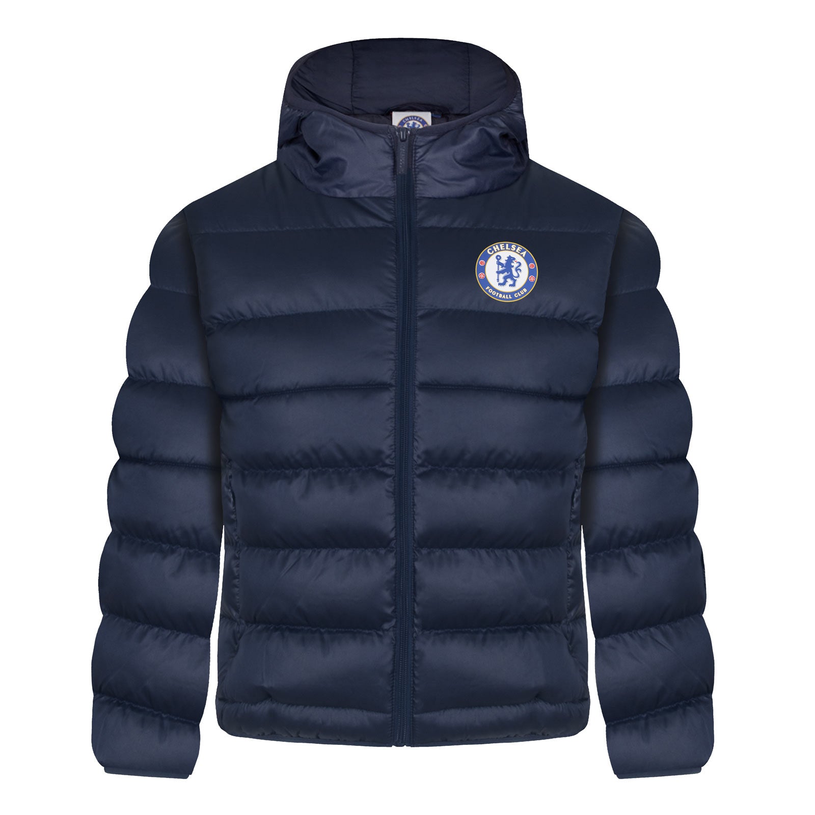 Chelsea kids quilted jacket in blue with club crest to chest.