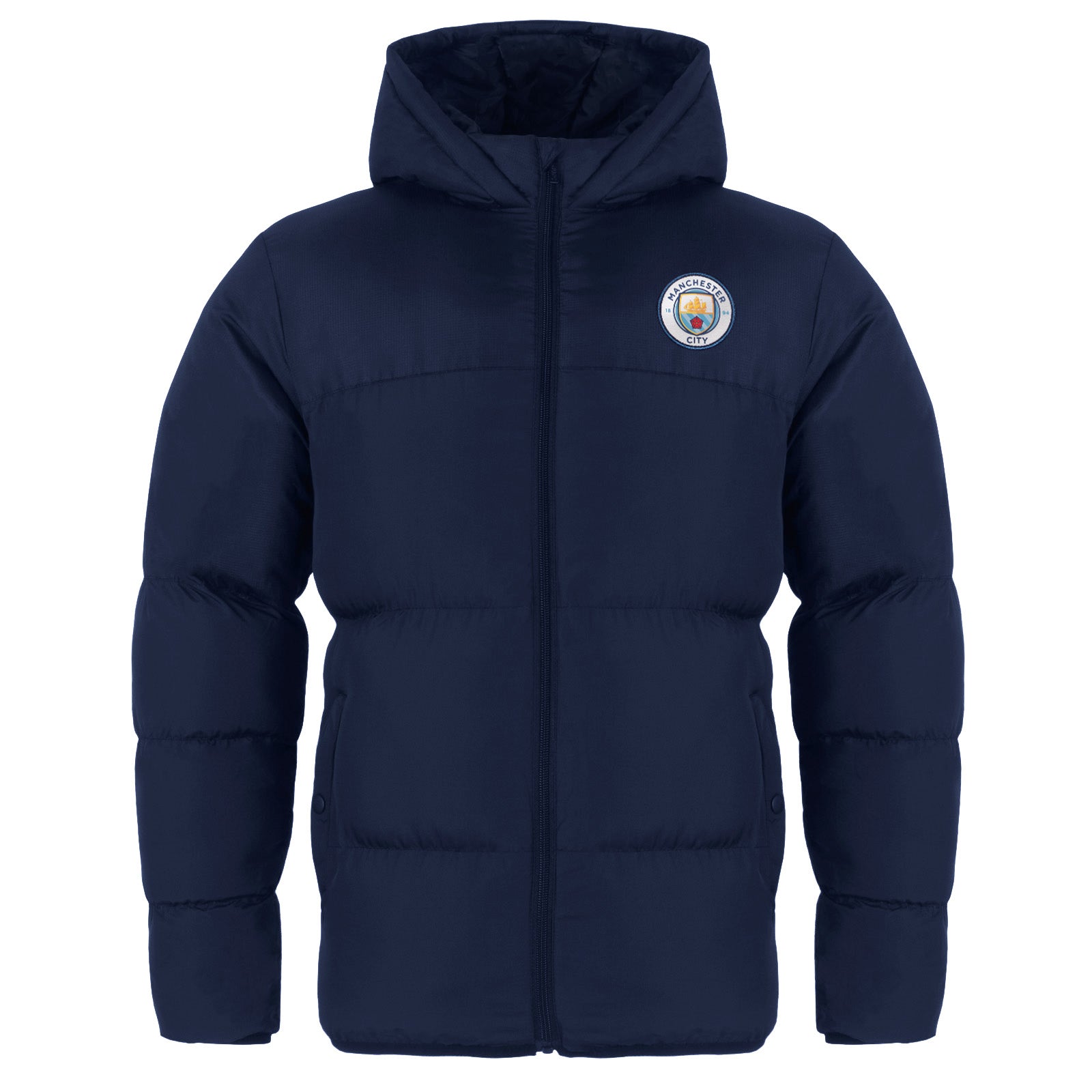 Man City kids quilted jacket in navy with club crest to chest.