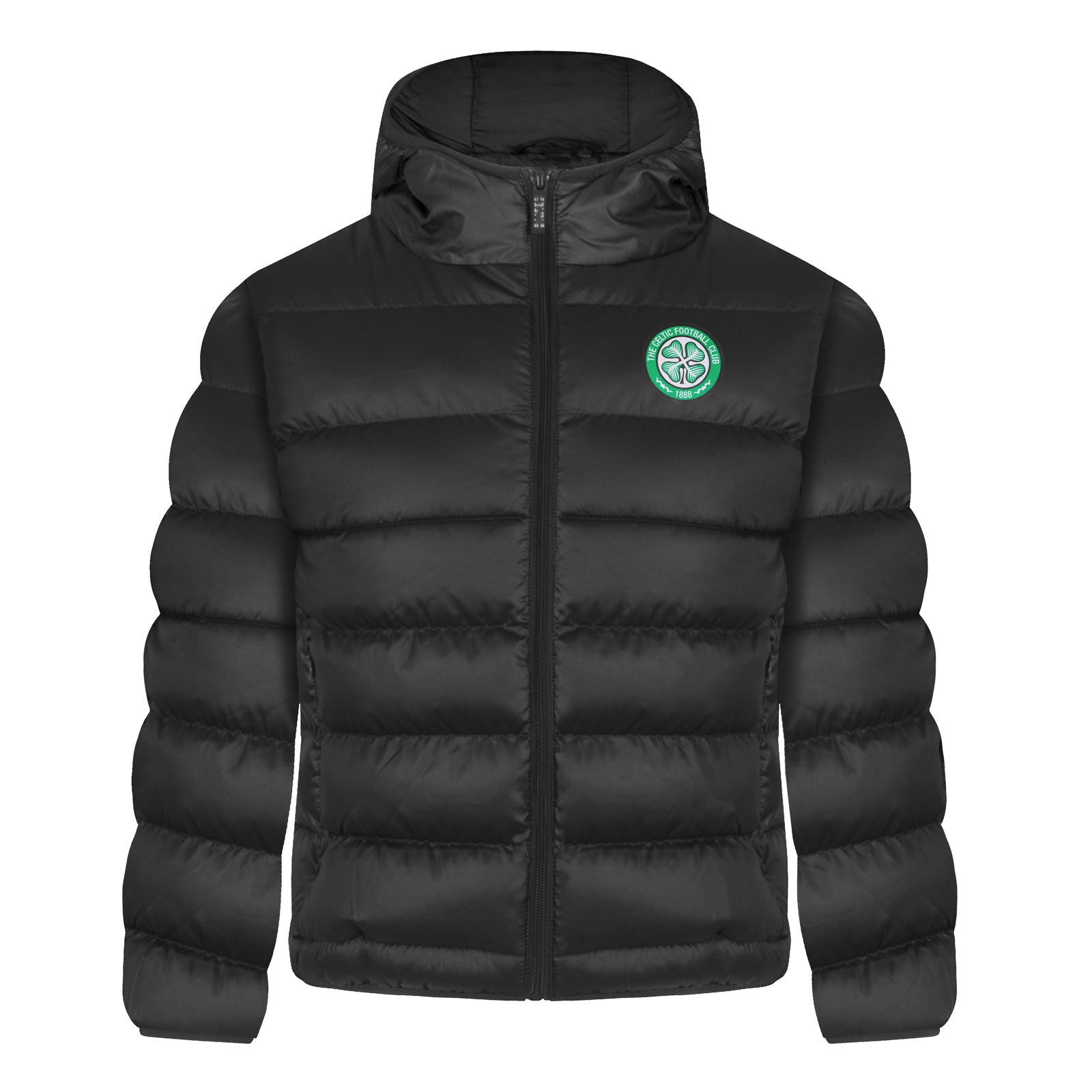 Celtic kids quilted jacket in black with club crest to the left of the chest.