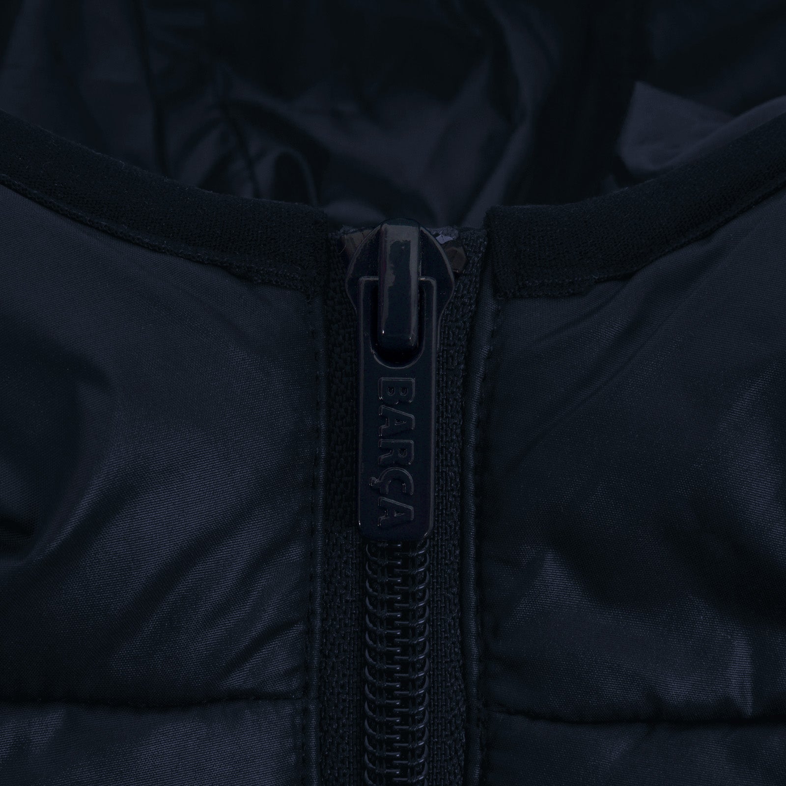 FC Barcelona kids quilted jacket in navy blue with club crest to chest.