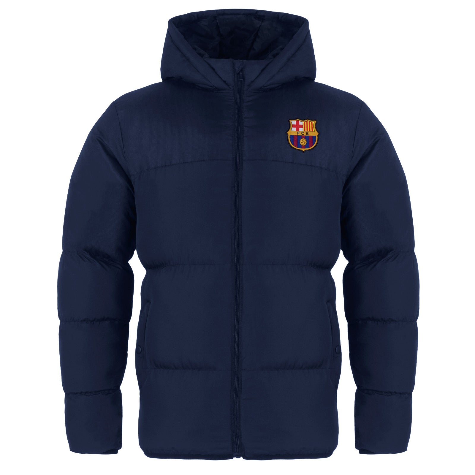 FC Barcelona adults quilted jacket in navy with club crest to chest.