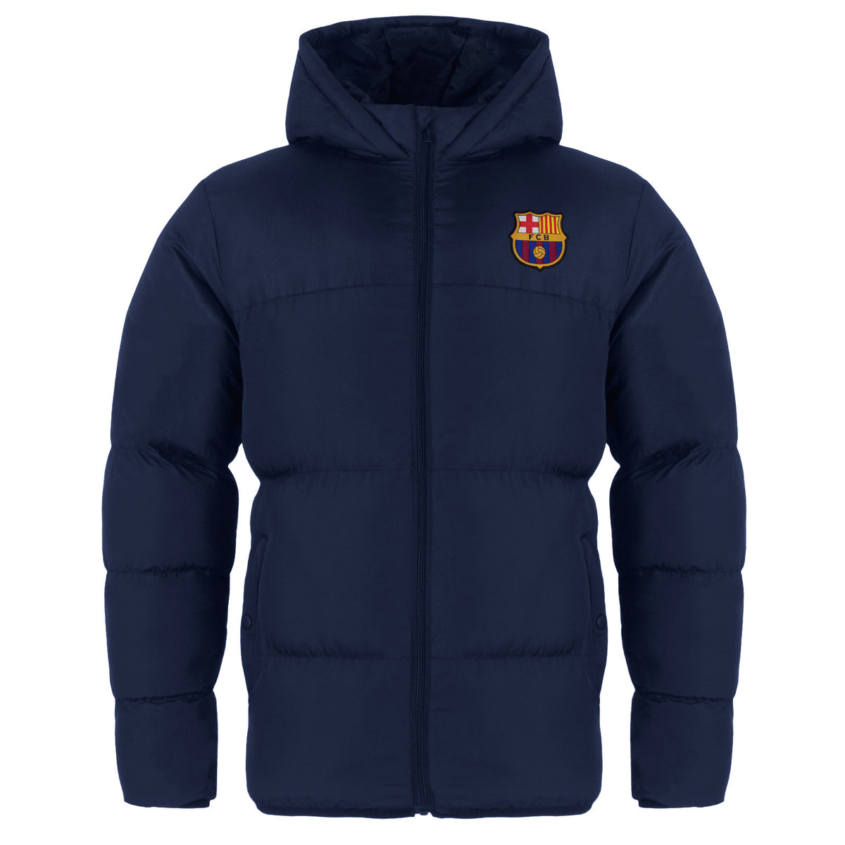 FC Barcelona kids quilted jacket coat in navy with club crest to chest.