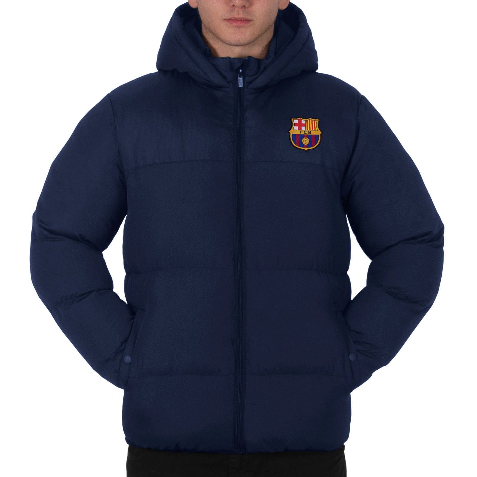 FC Barcelona adults quilted jacket in navy with club crest to chest.