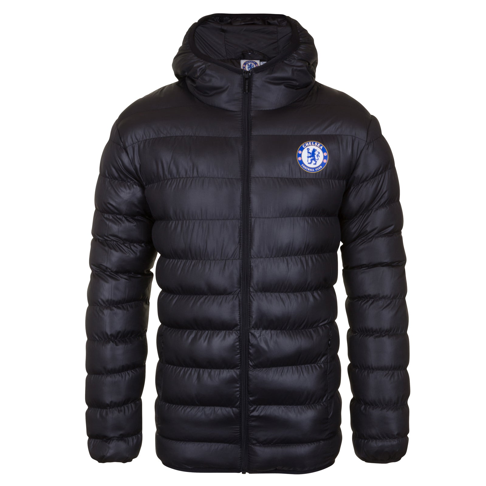 Chelsea adults quilted jacket in black with club crest to chest.