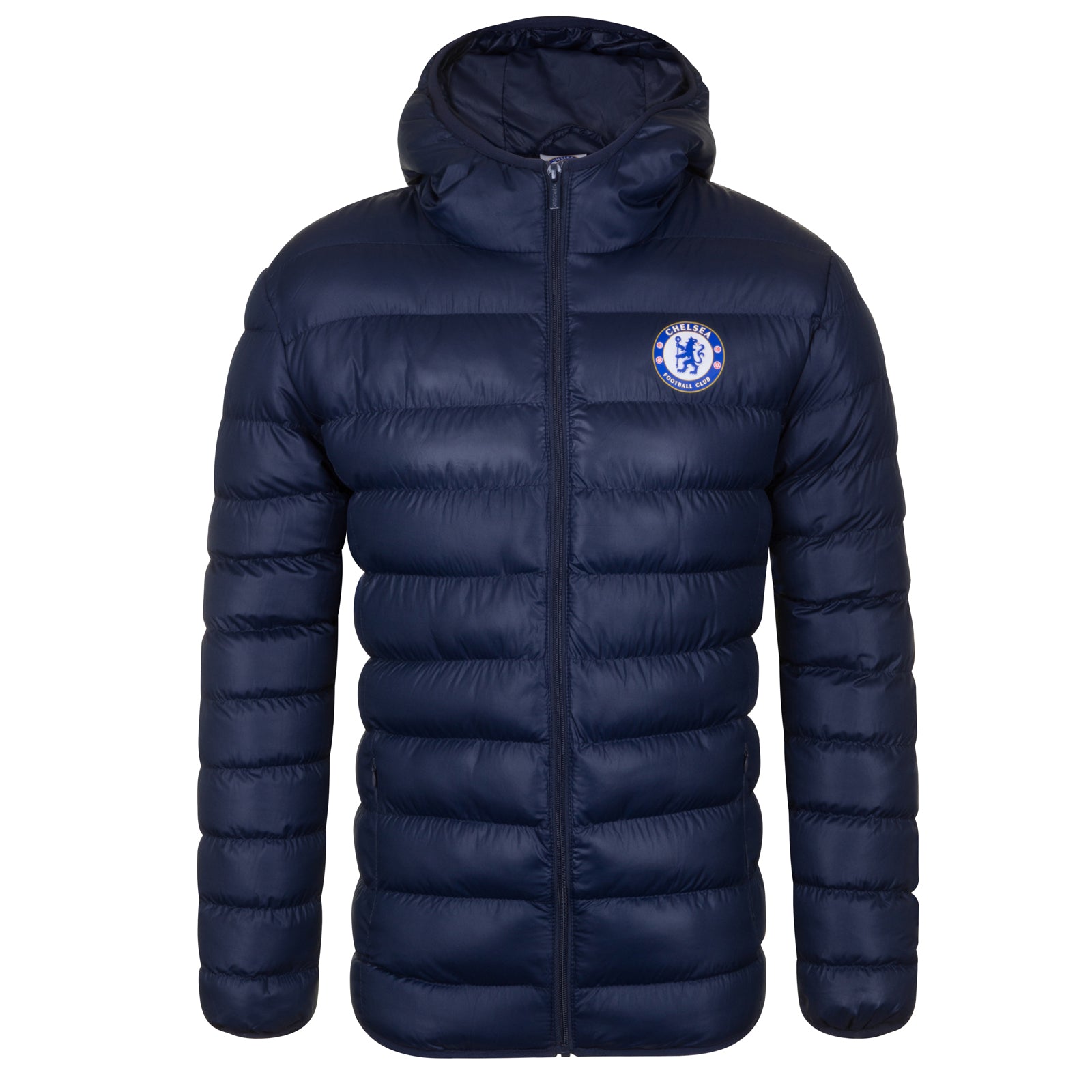 Chelsea adults quilted jacket in navy blue with club crest to chest.