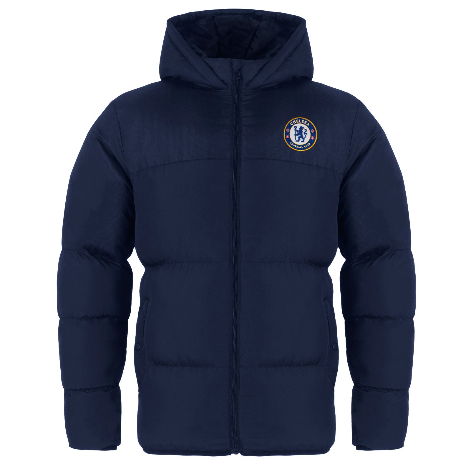 Chelsea kids quilted jacket in navy with club crest to chest.
