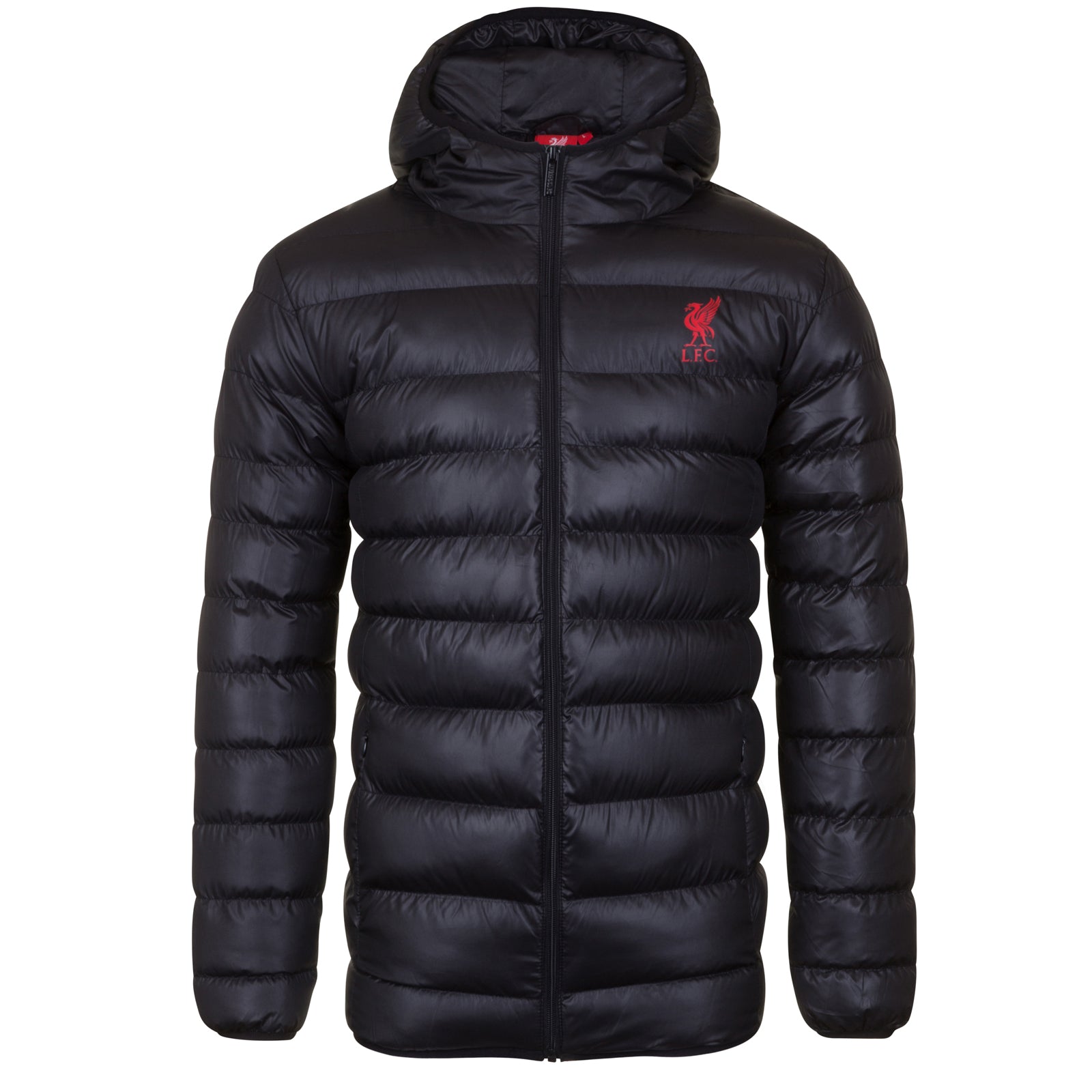 Liverpool adults quilted jacket in black with club crest to chest.