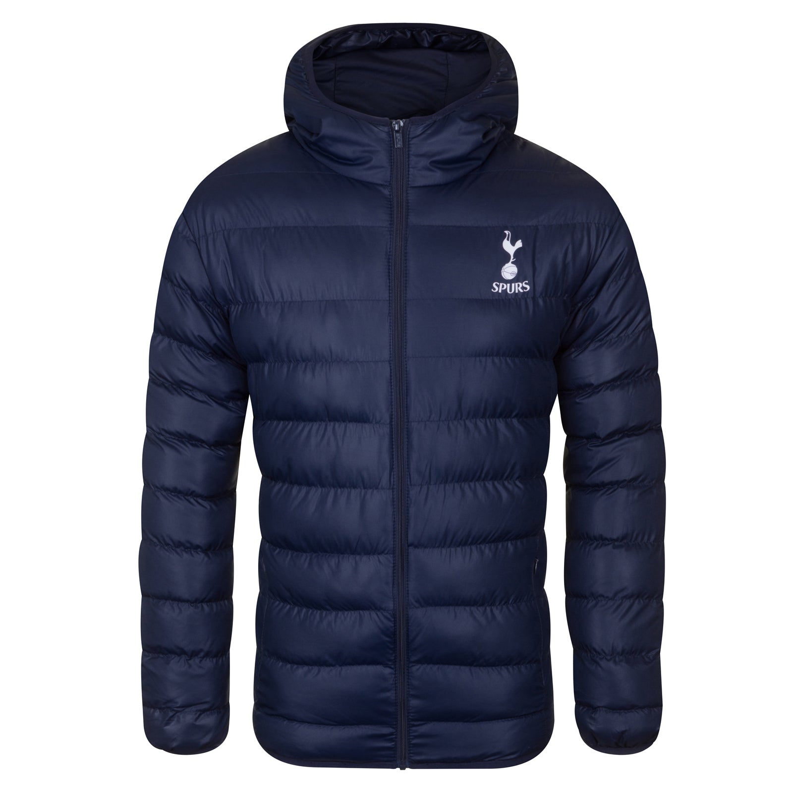 Spurs adults quilted jacket in navy blue with club crest print to chest.