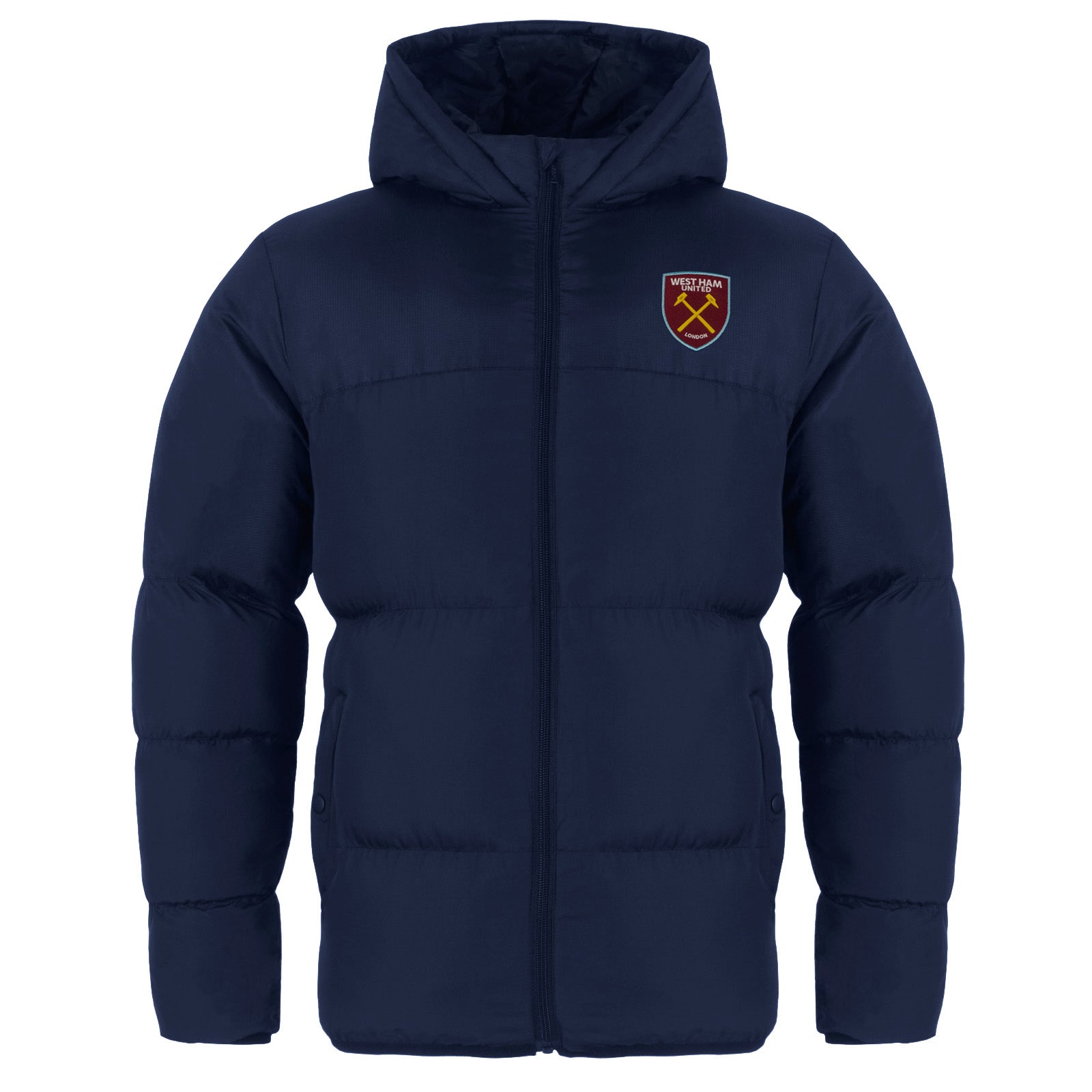 West Ham kids quilted jacket in navy with club crest to chest.