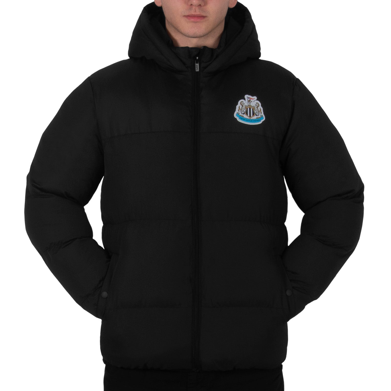 Newcastle United adults quilted jacket winter coat in black with club crest to chest.