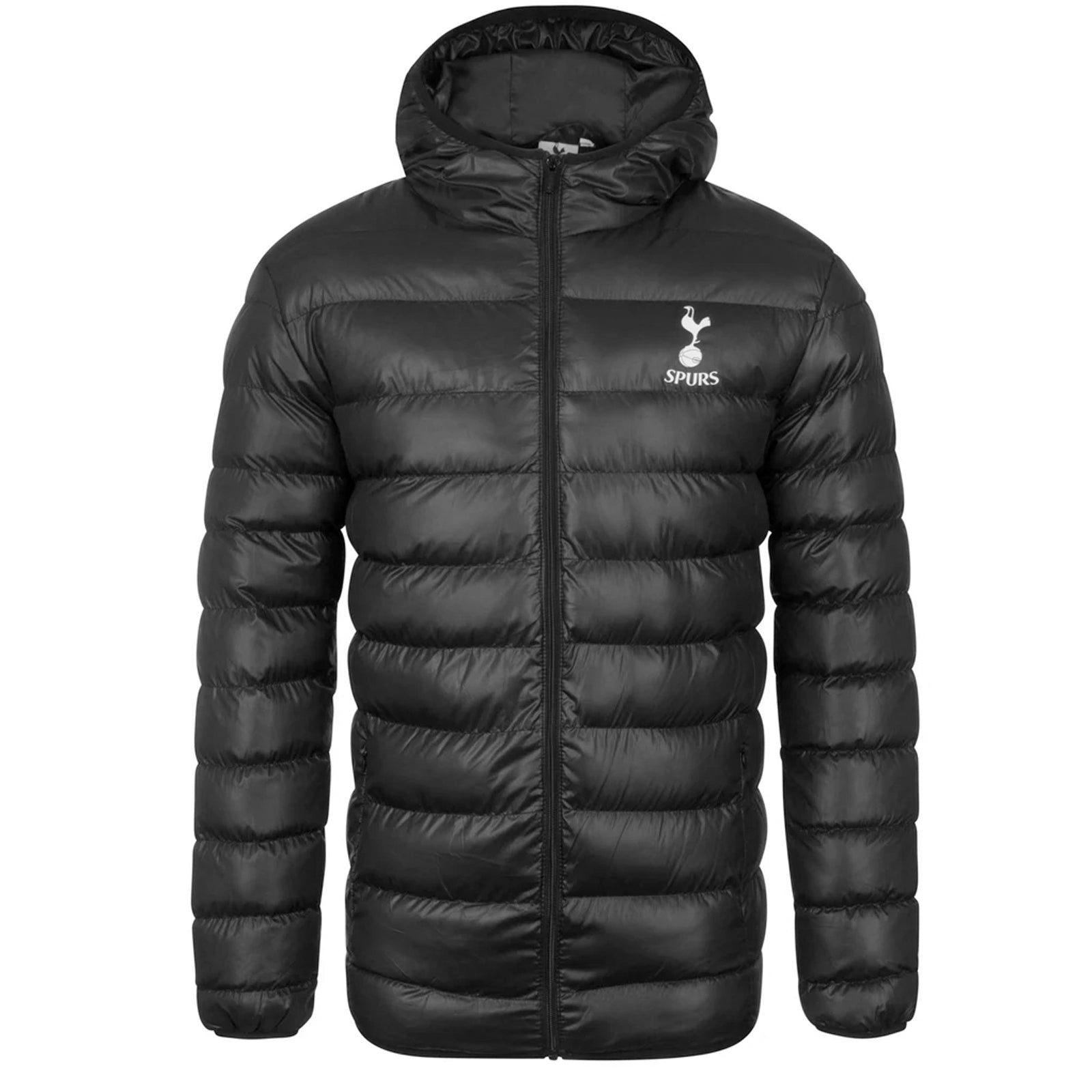 Spurs adults quilted jacket in black with club crest print to chest.