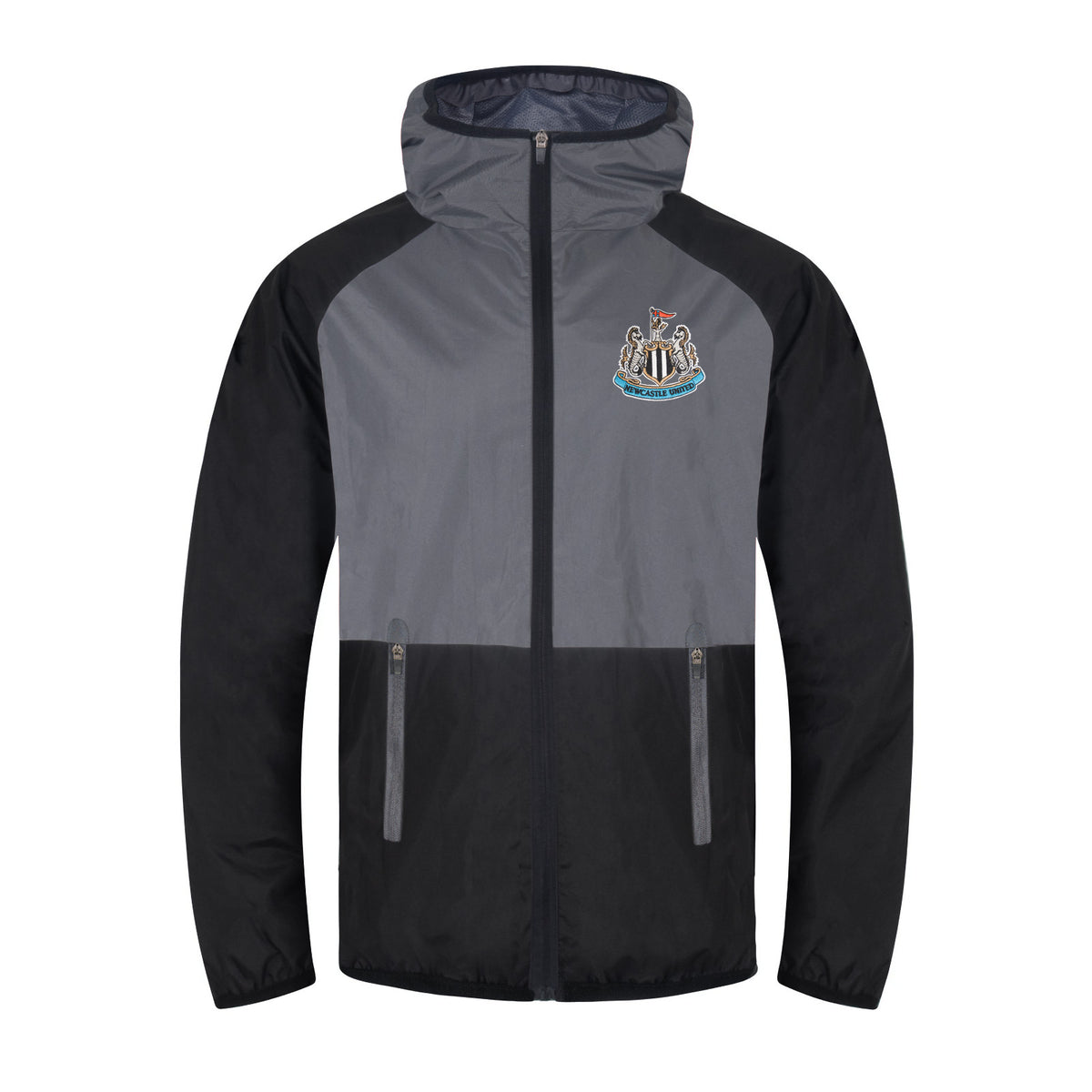 Newcastle Utd kids shower jacket in black & grey with club crest to chest.