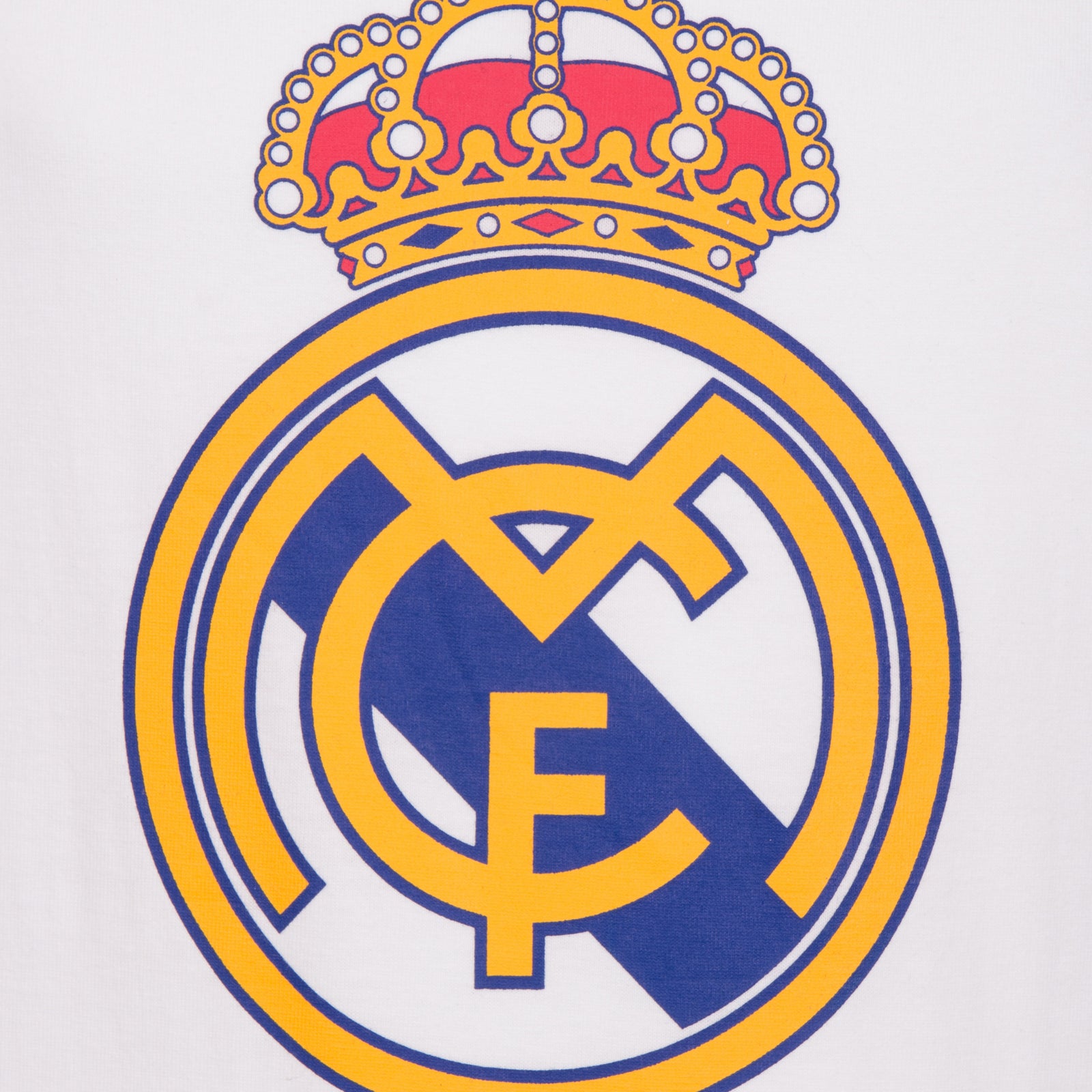 Real Madrid adults T-Shirt in navy blue with large crest print and text to front.