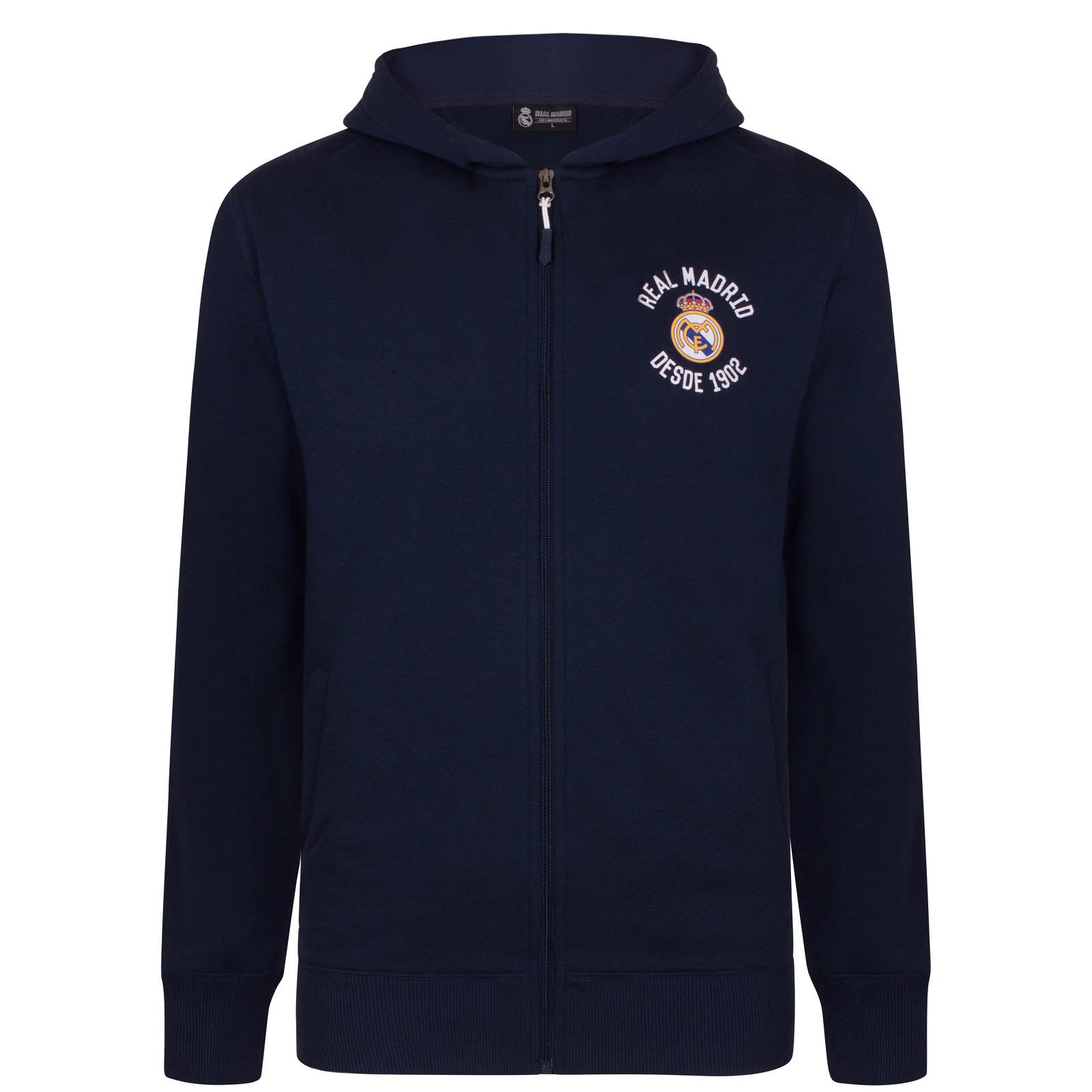 Real Madrid kids zip hoodie in navy with club crest on the left chest.