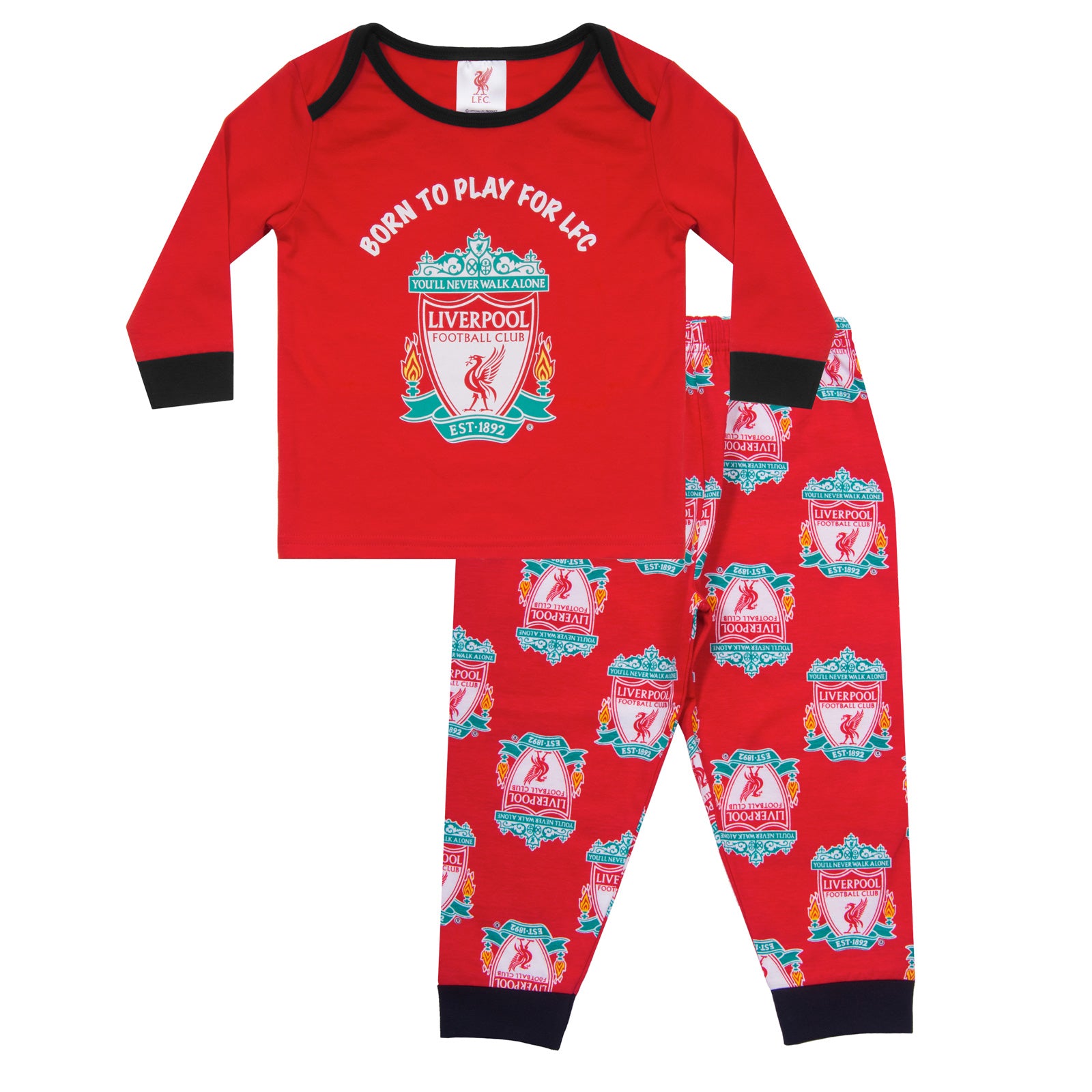 Liverpool baby pyjamas. Long sleeve top in red with crest & text print. Red bottoms with all over club crest
