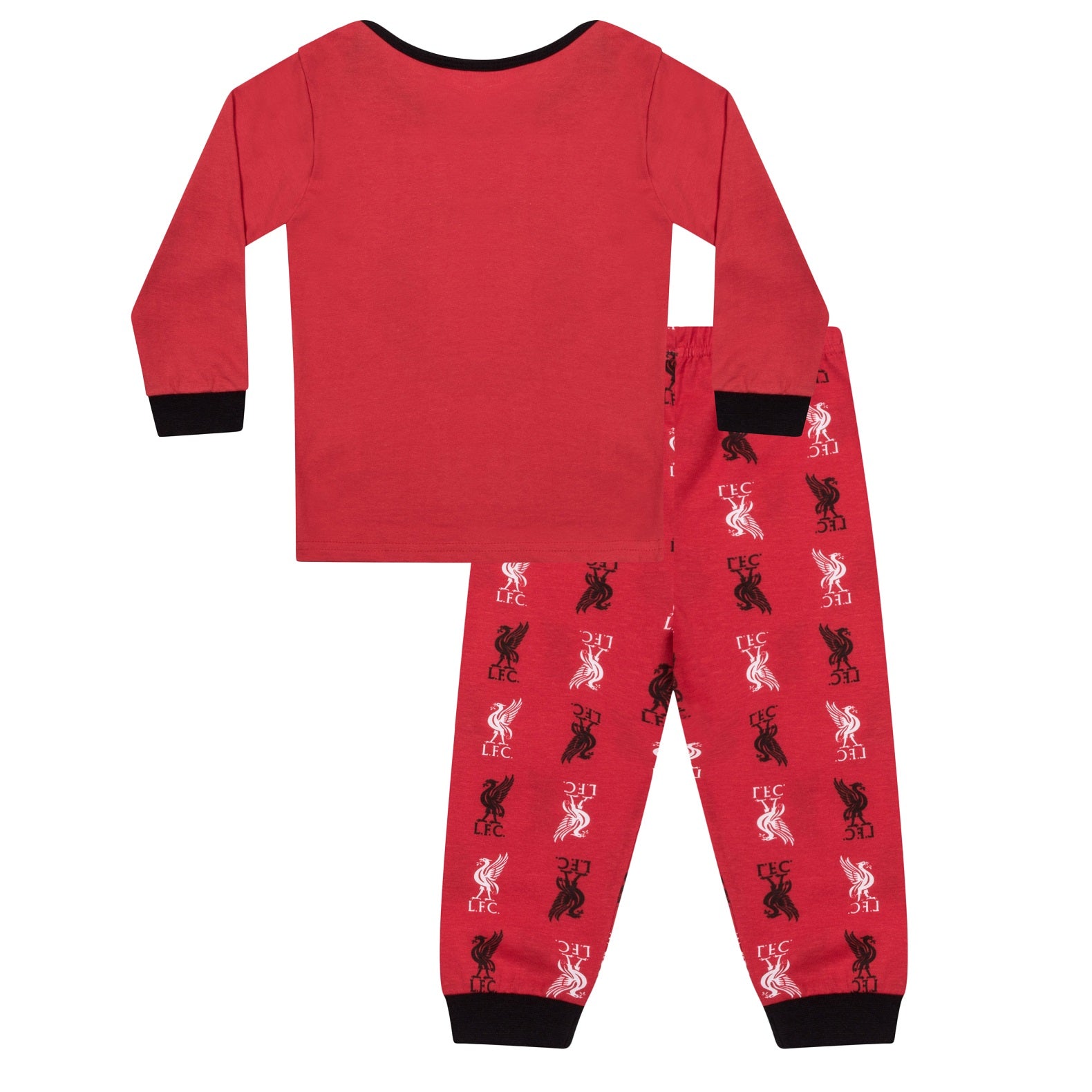 Liverpool baby pyjamas. Long sleeve top in red with crest & text print. Red bottoms with all over club crest