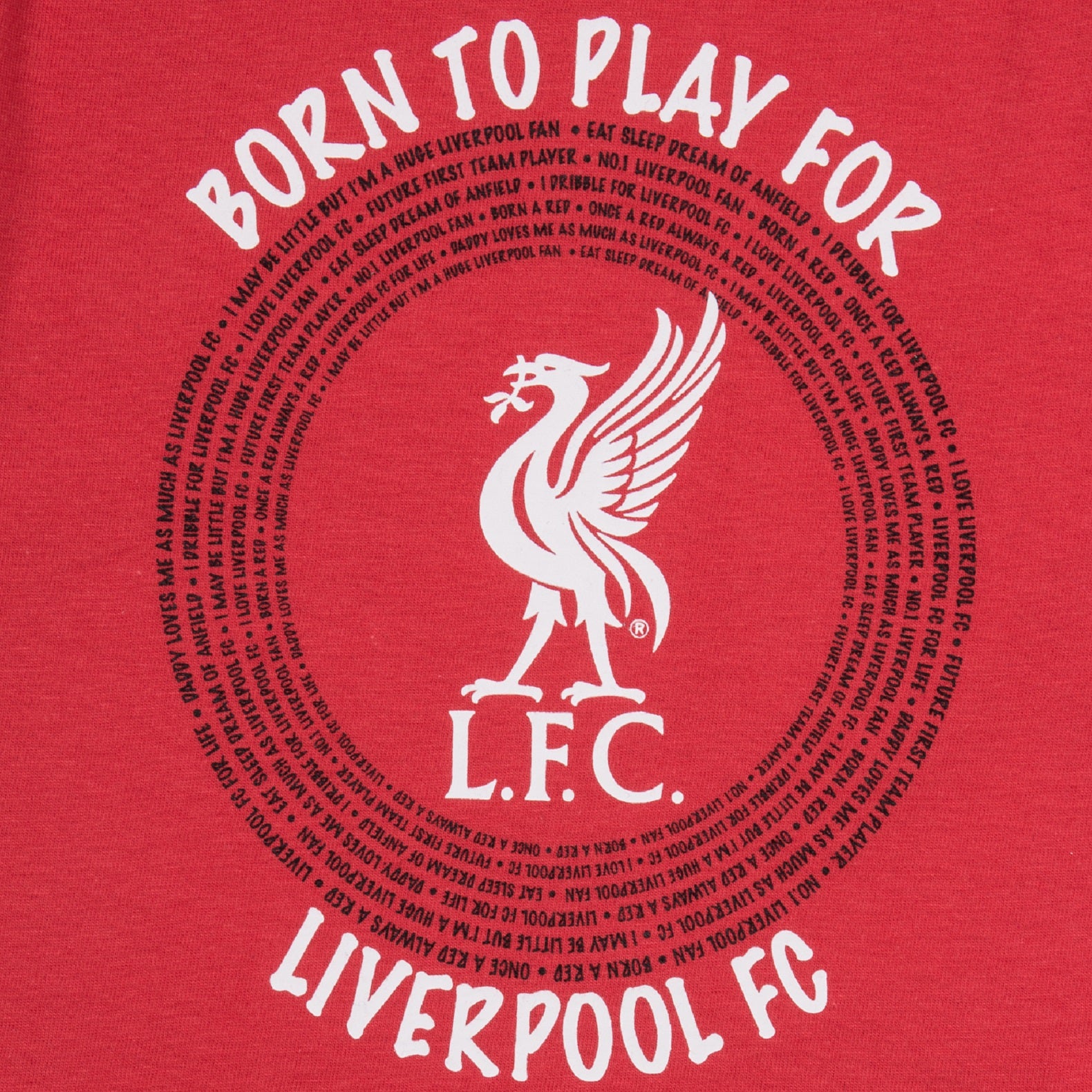 Liverpool baby pyjamas. Long sleeve top in red with crest & text print. Red bottoms with all over club crest