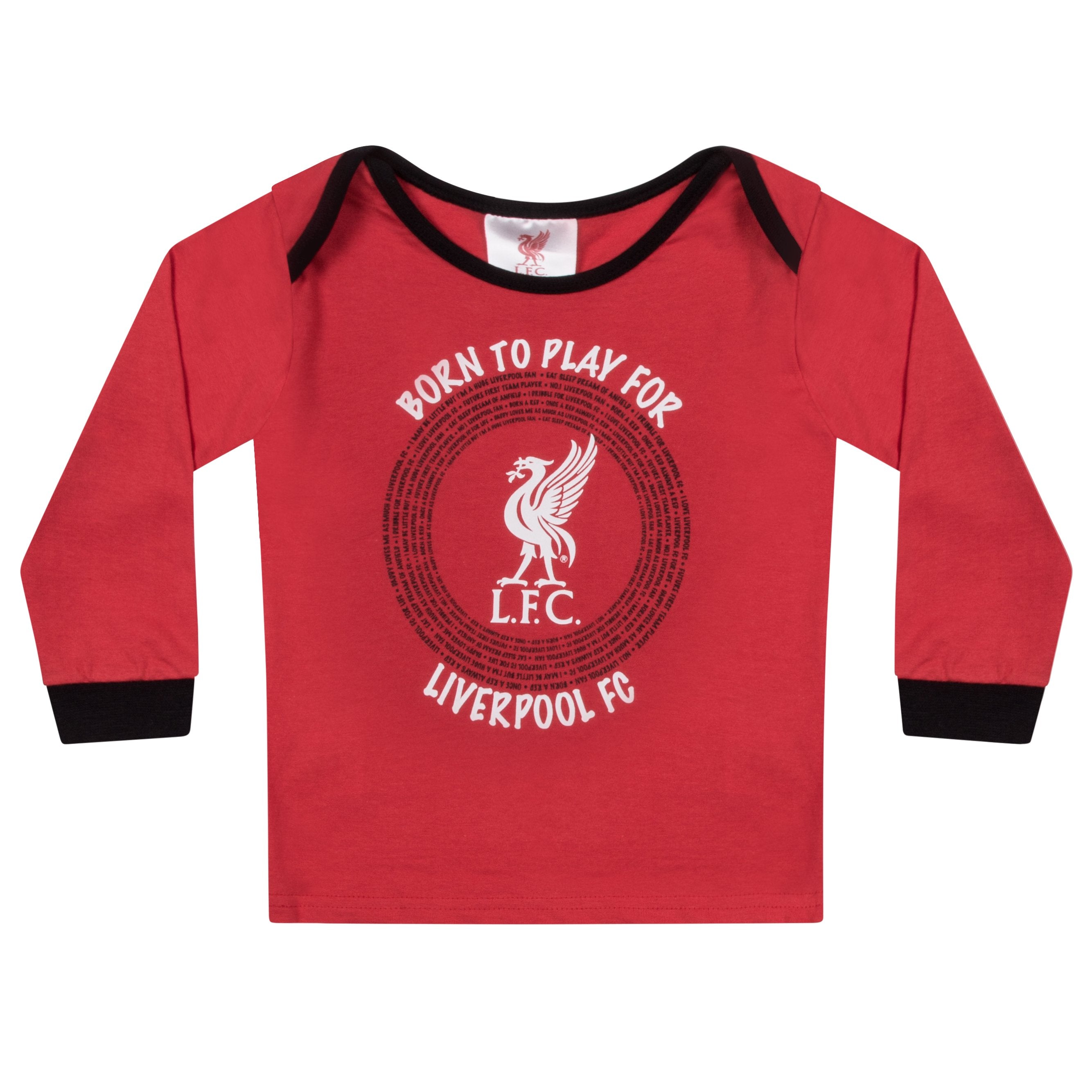 Liverpool baby pyjamas. Long sleeve top in red with crest & text print. Red bottoms with all over club crest