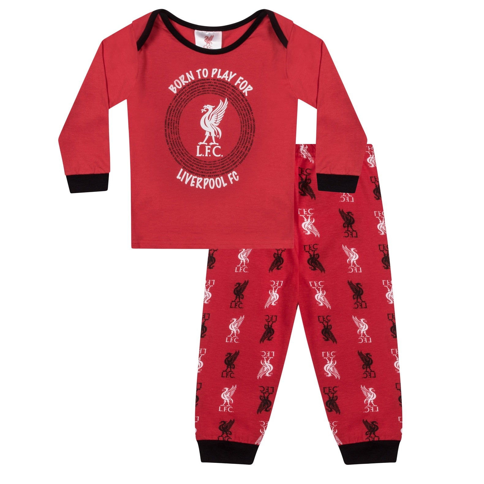 Liverpool baby pyjamas. Long sleeve top in red with crest & text print. Red bottoms with all over club crest