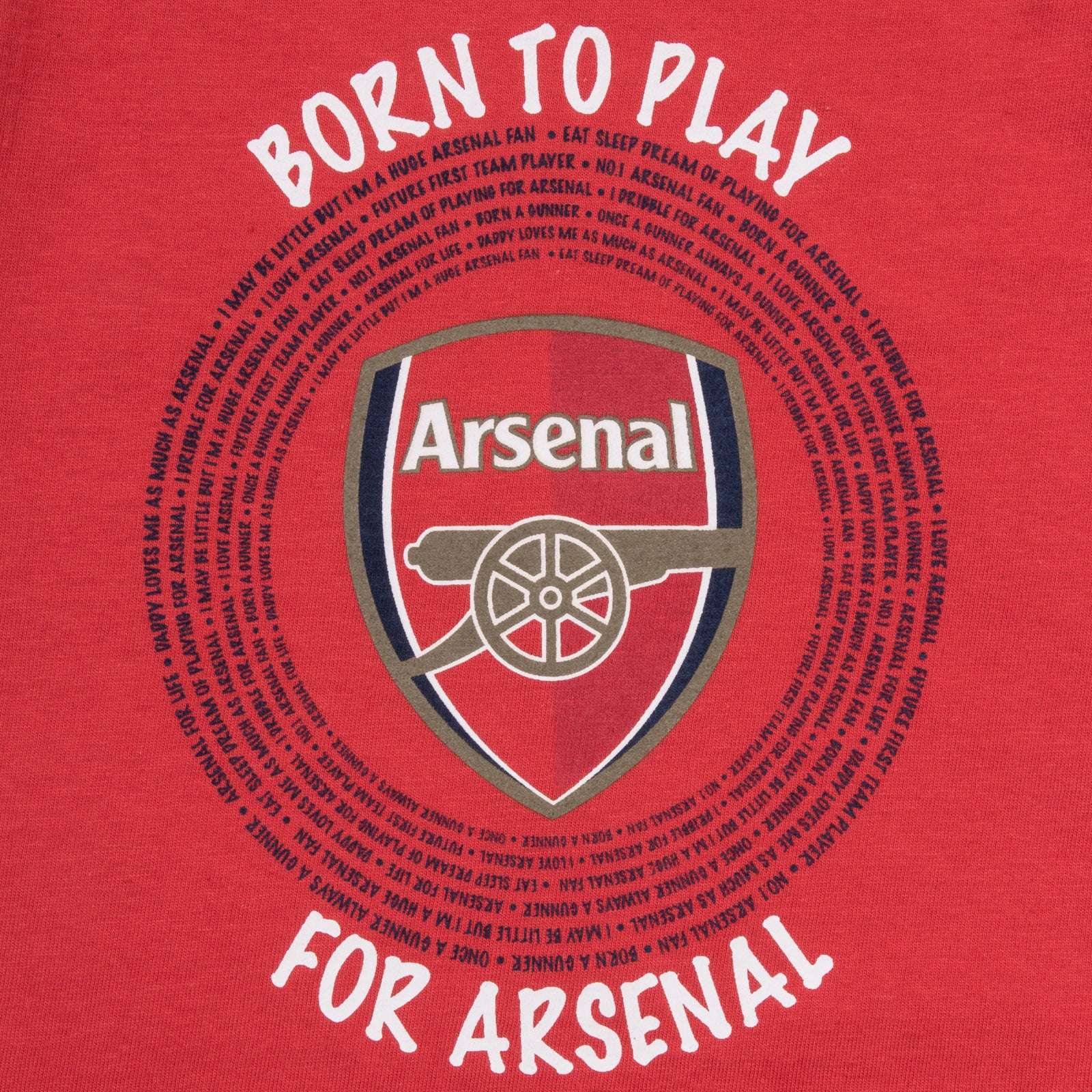 Arsenal baby pyjamas in red. Long sleeve pyjama top with crest & text print and bottoms with all over club crest