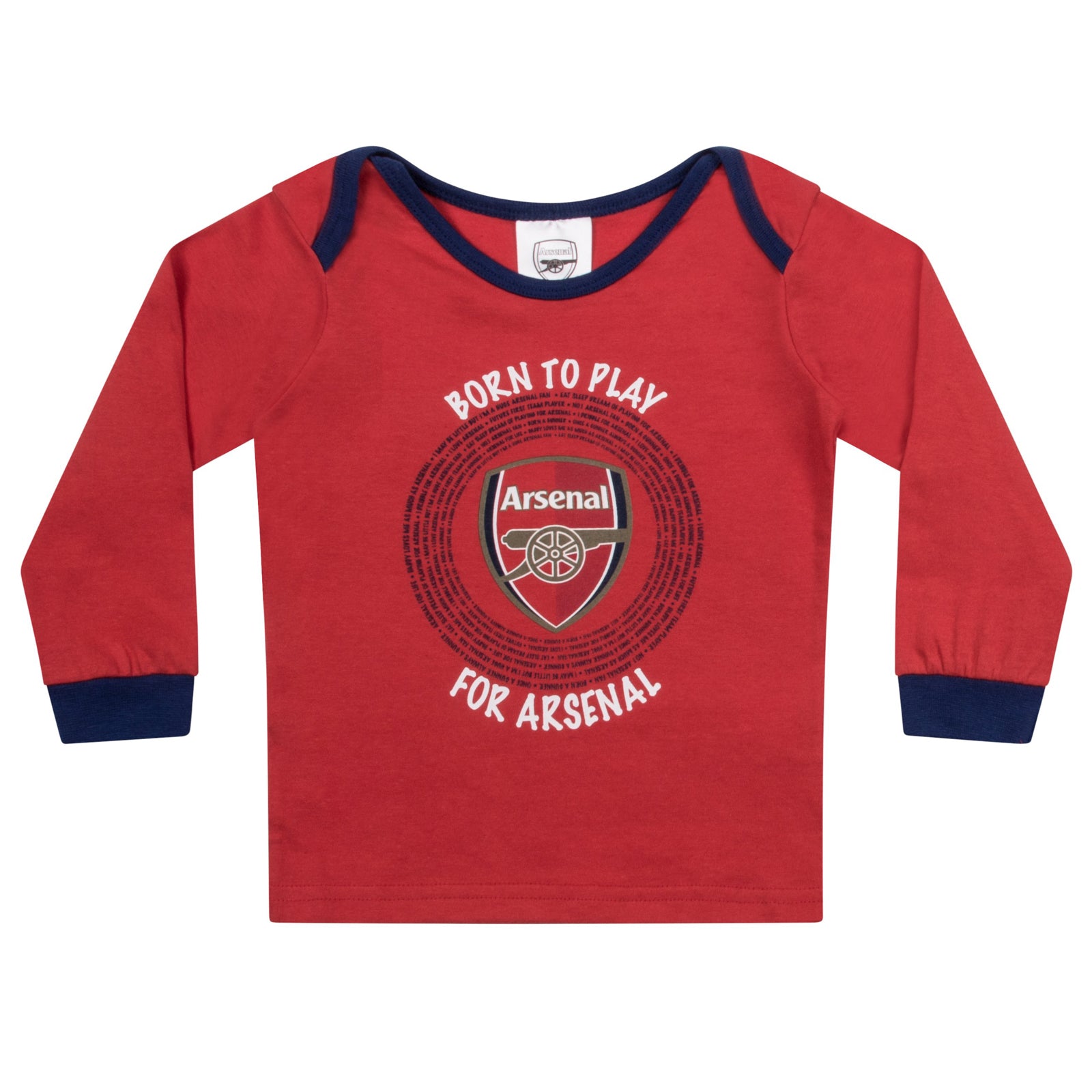Arsenal baby pyjamas in red. Long sleeve pyjama top with crest & text print and bottoms with all over club crest