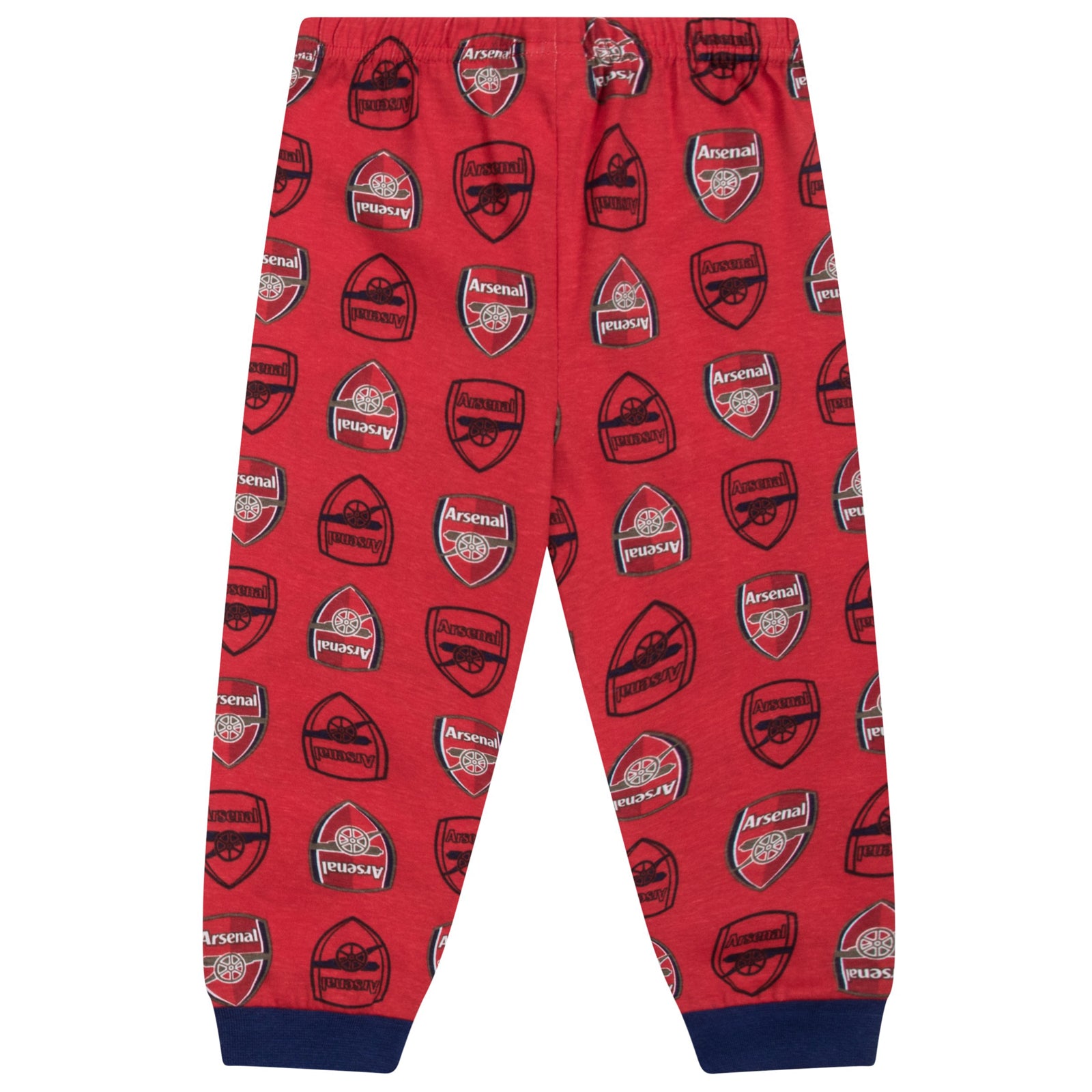 Arsenal baby pyjamas in red. Long sleeve pyjama top with crest & text print and bottoms with all over club crest