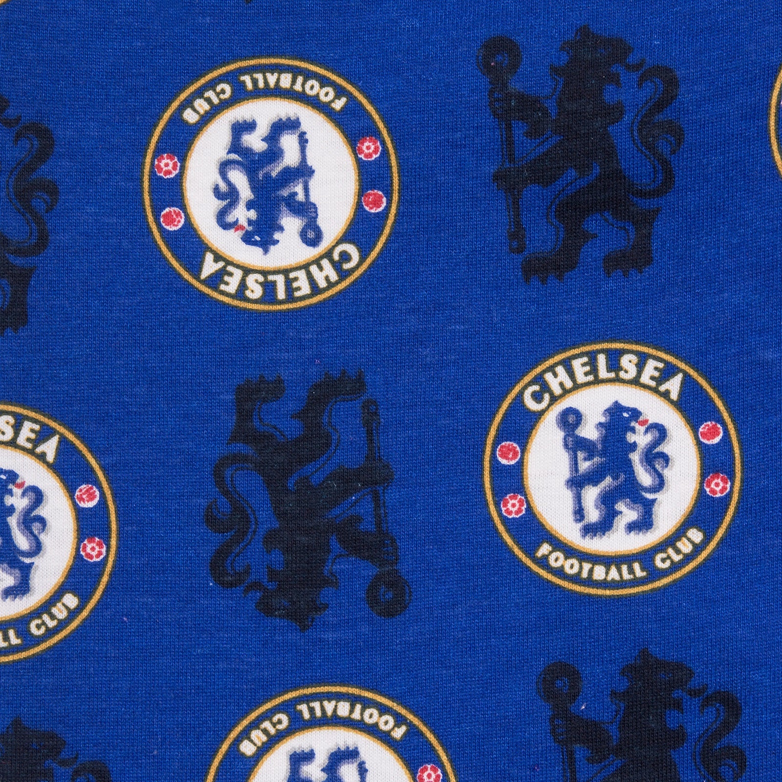 Chelsea baby pyjamas. Long sleeve pyjama top in blue with club crest & text print. Blue bottoms with all over club crest print