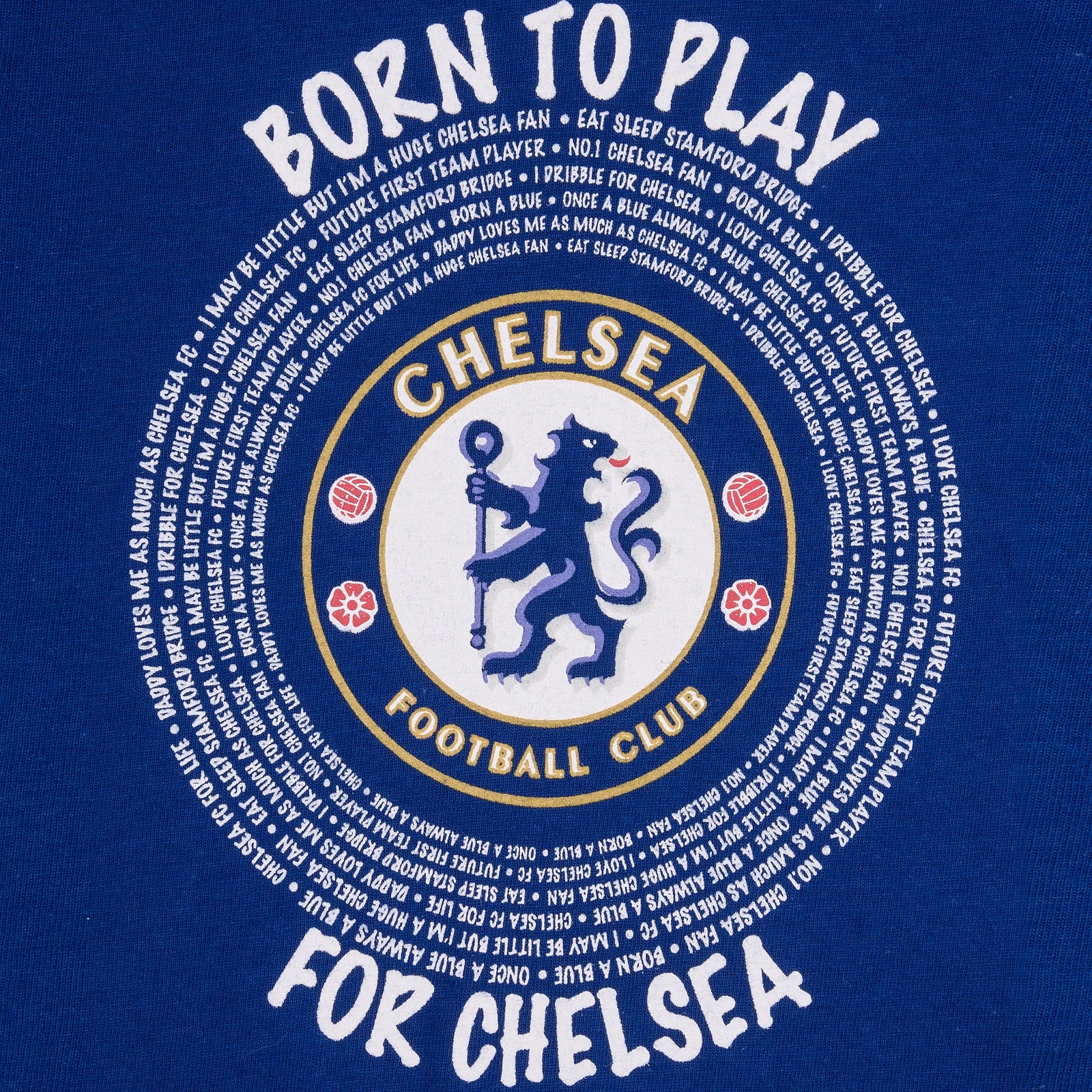 Chelsea baby pyjamas. Long sleeve pyjama top in blue with club crest & text print. Blue bottoms with all over club crest print