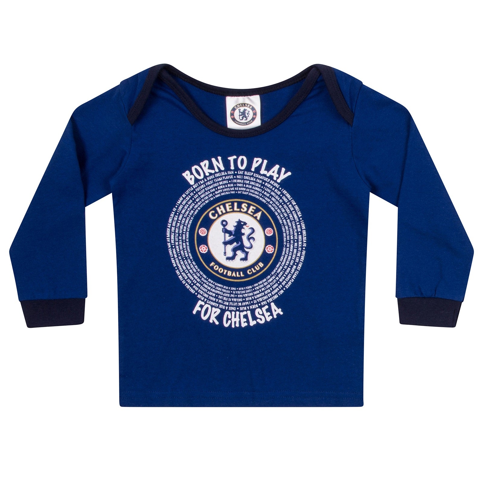 Chelsea baby pyjamas. Long sleeve pyjama top in blue with club crest & text print. Blue bottoms with all over club crest print