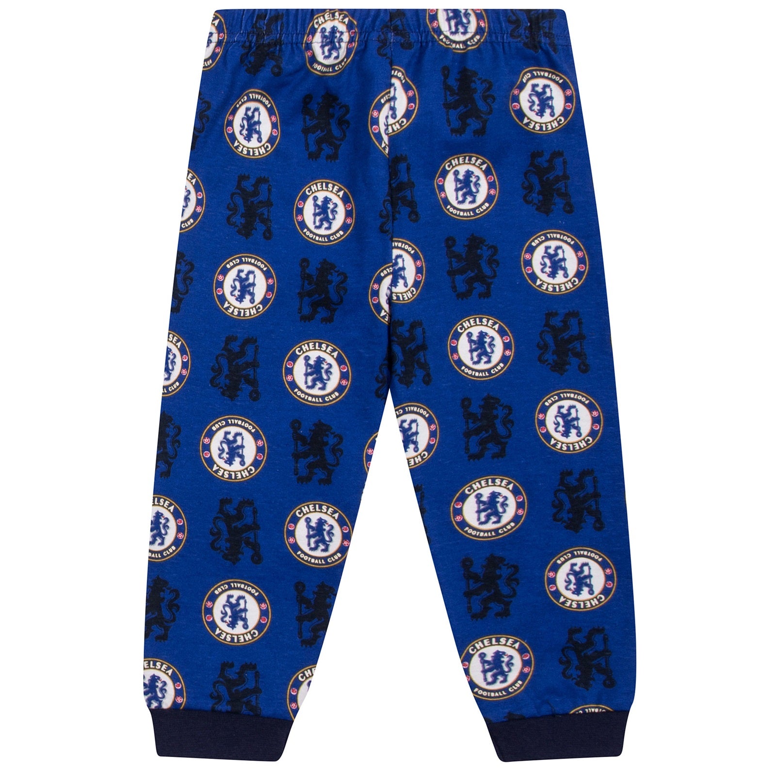 Chelsea baby pyjamas. Long sleeve pyjama top in blue with club crest & text print. Blue bottoms with all over club crest print