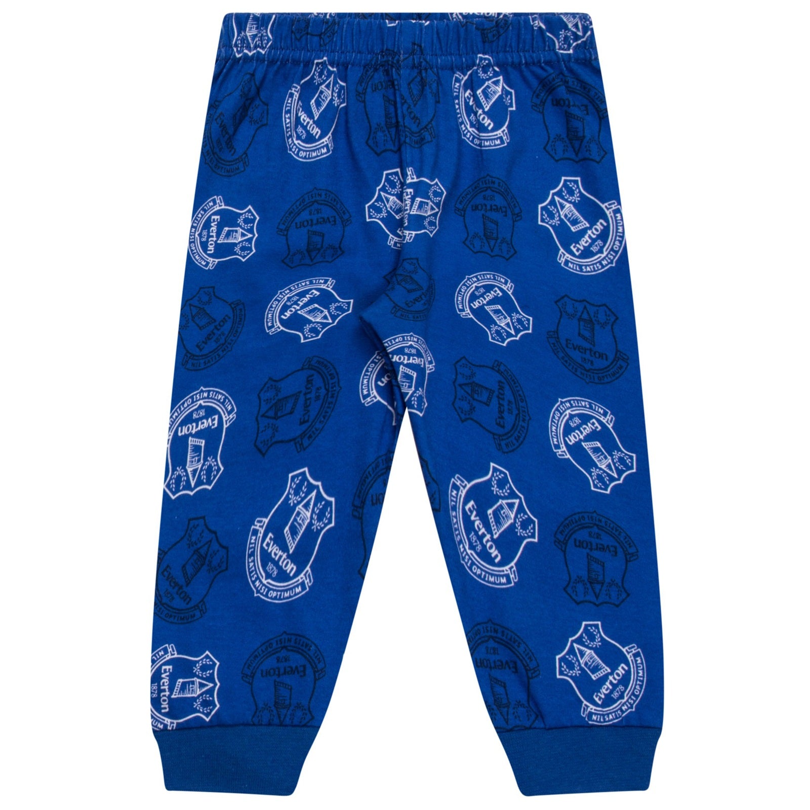 Everton long baby pyjamas in blue. Long sleeve top with crest & text and long bottoms with all over crest print