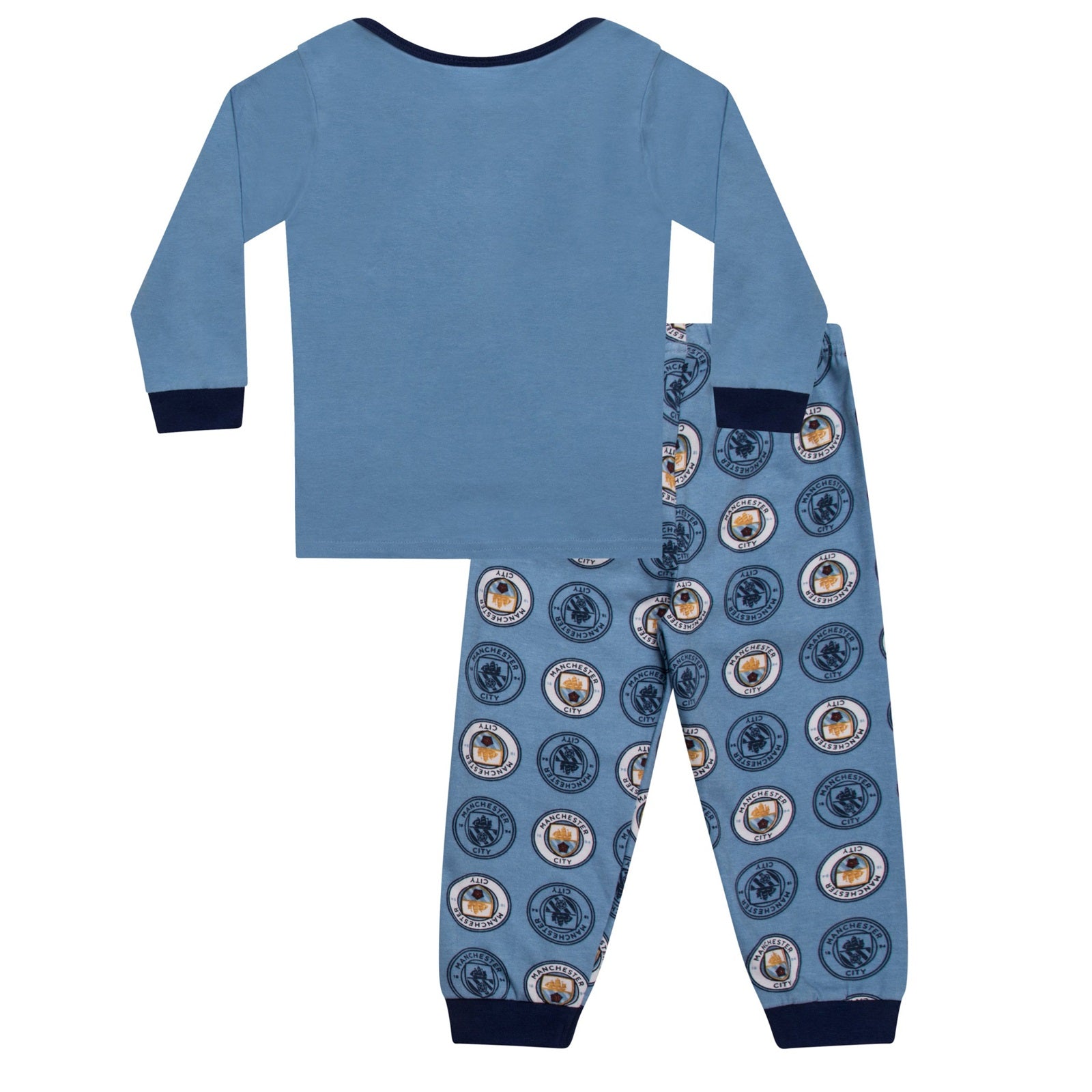 Man City baby pyjamas in sky blue. Long sleeve top with club crest & text print. Matching bottoms with all over crest print