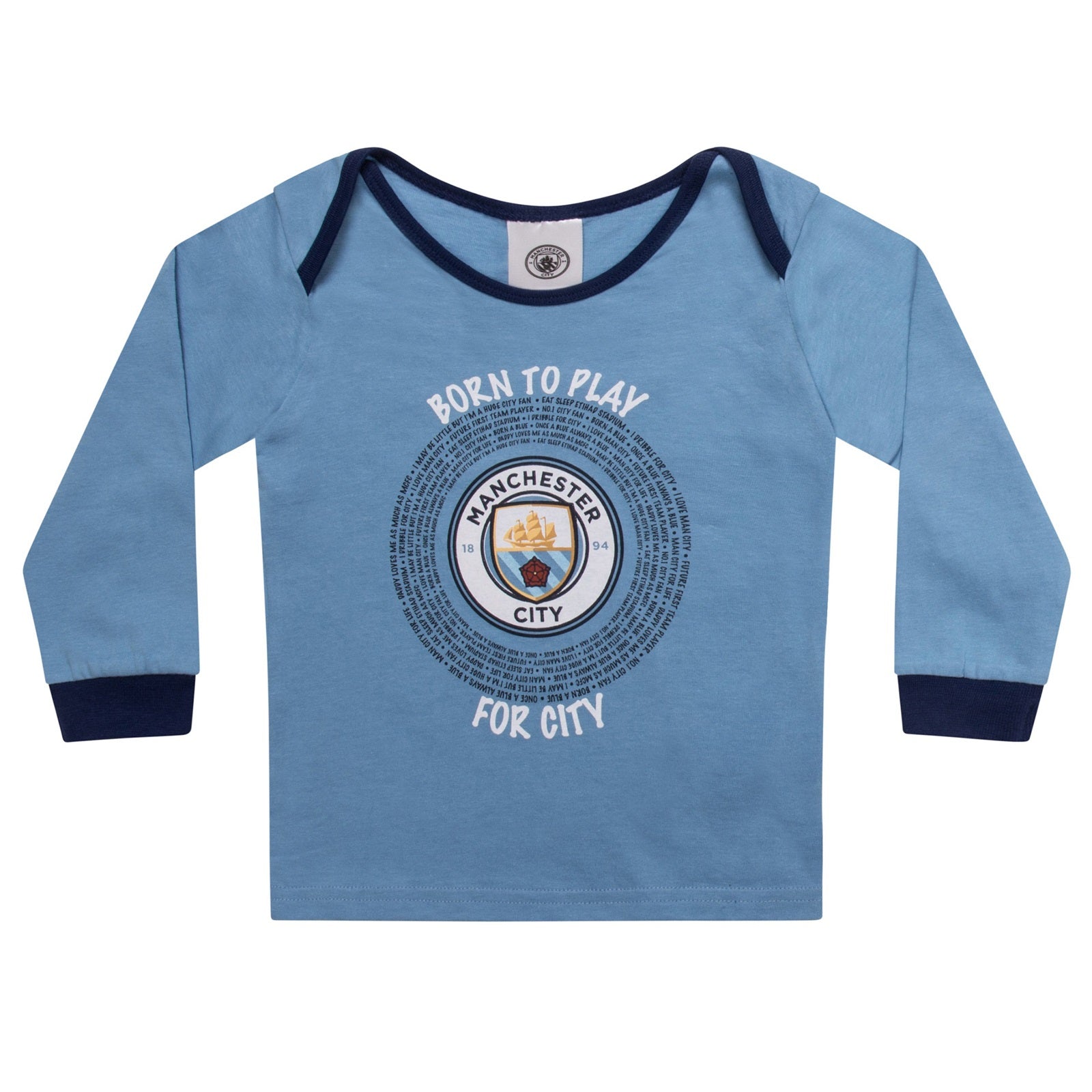 Man City baby pyjamas in sky blue. Long sleeve top with club crest & text print. Matching bottoms with all over crest print
