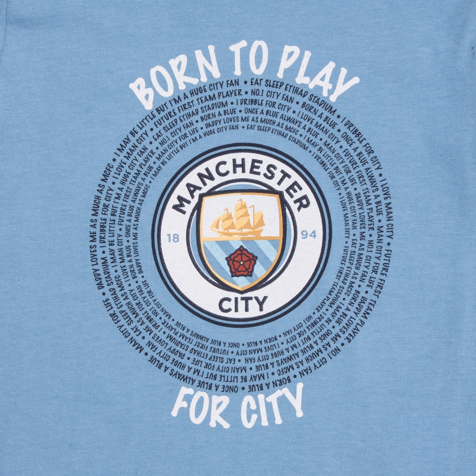 Man City baby pyjamas in sky blue. Long sleeve top with club crest & text print. Matching bottoms with all over crest print
