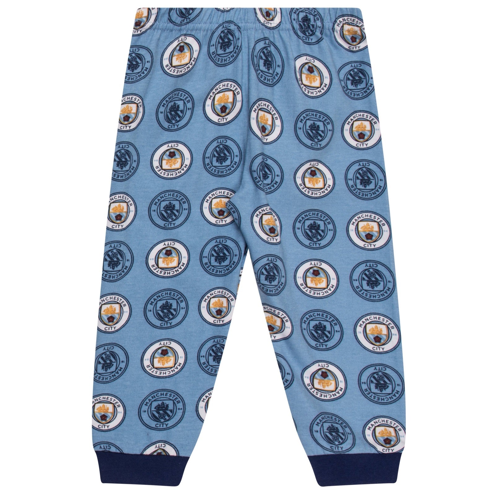 Man City baby pyjamas in sky blue. Long sleeve top with club crest & text print. Matching bottoms with all over crest print