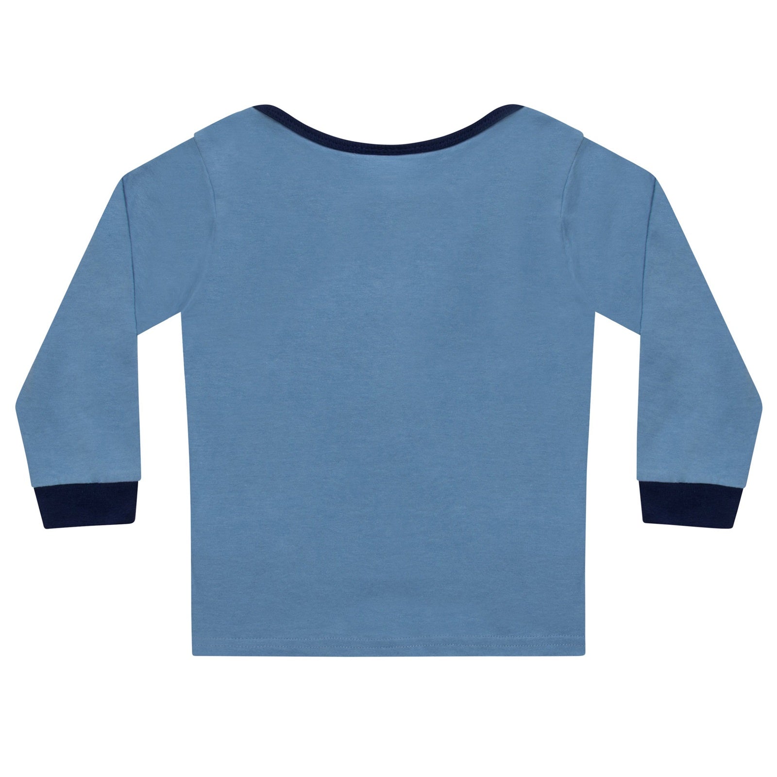 Man City baby pyjamas in sky blue. Long sleeve top with club crest & text print. Matching bottoms with all over crest print