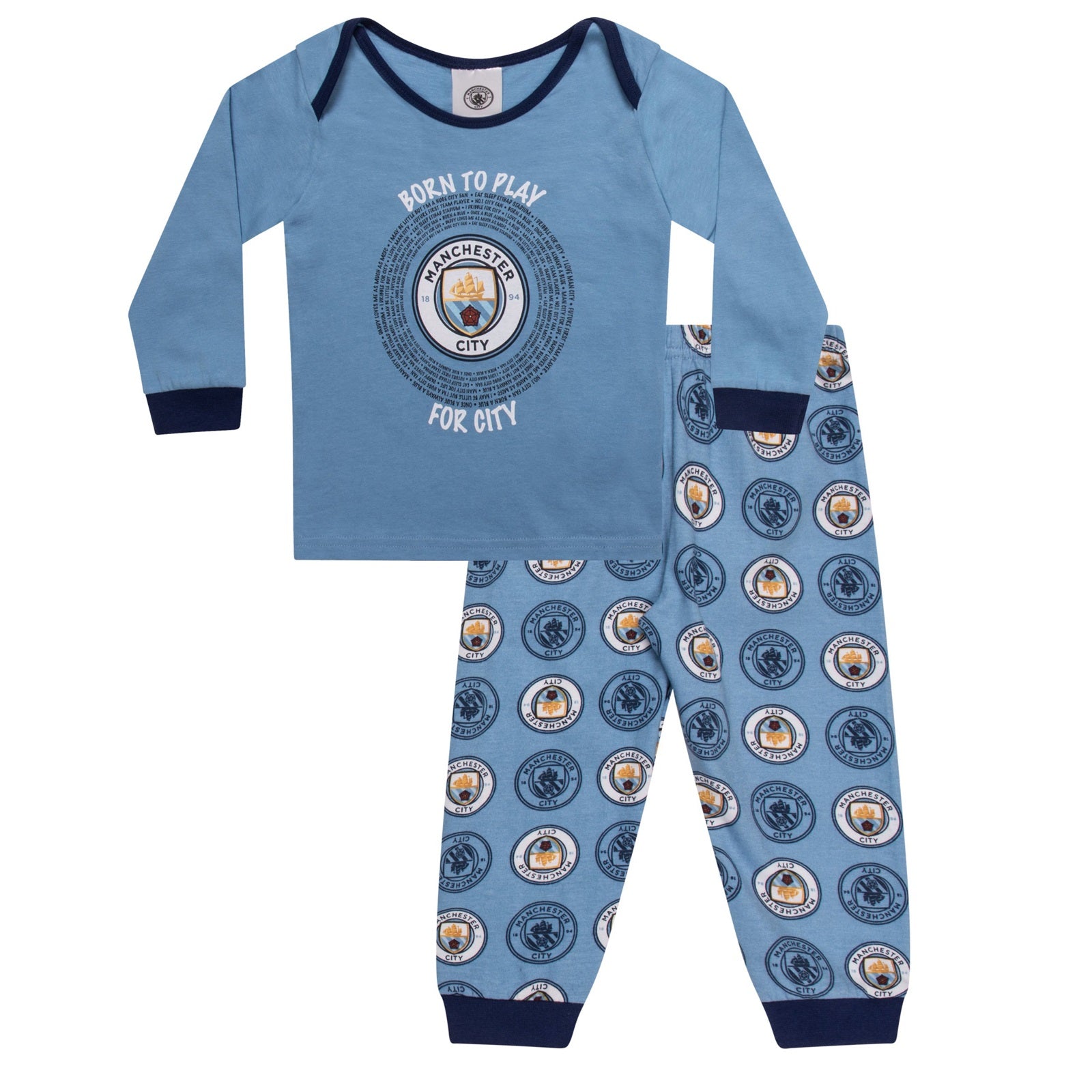 Man City baby pyjamas in sky blue. Long sleeve top with club crest & text print. Matching bottoms with all over crest print
