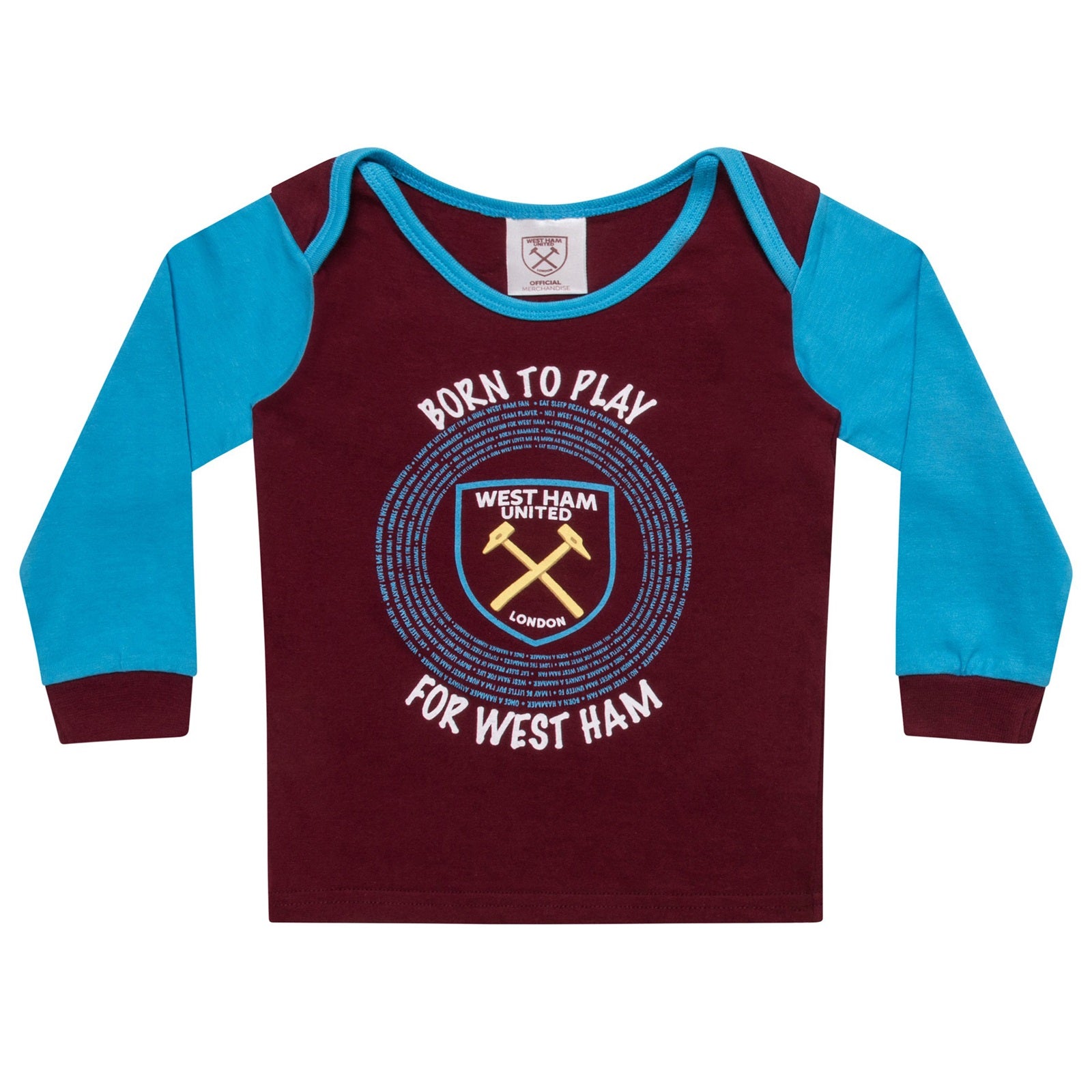 West Ham baby pyjamas with claret & blue top and claret bottoms.