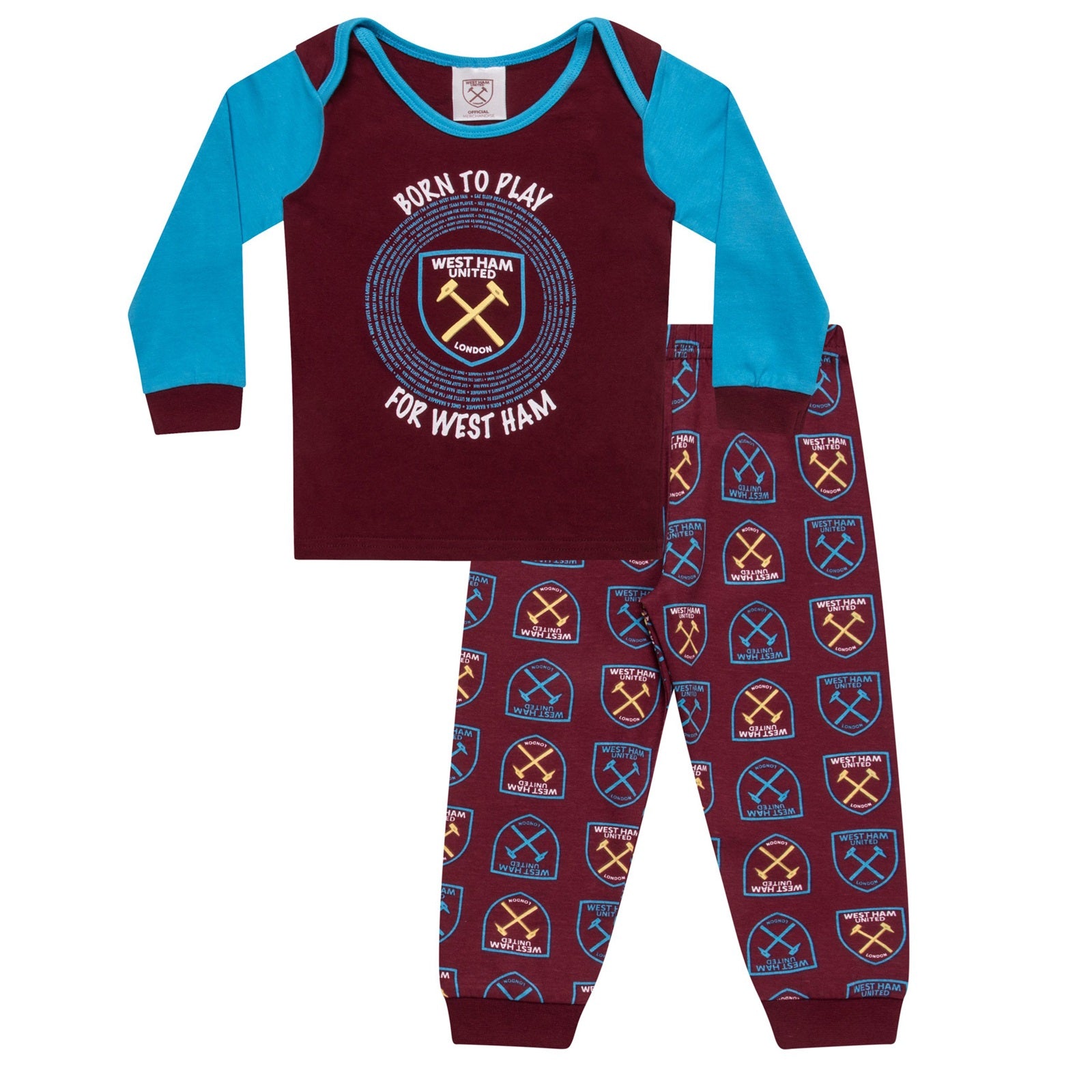 West Ham baby pyjamas with claret & blue top and claret bottoms.