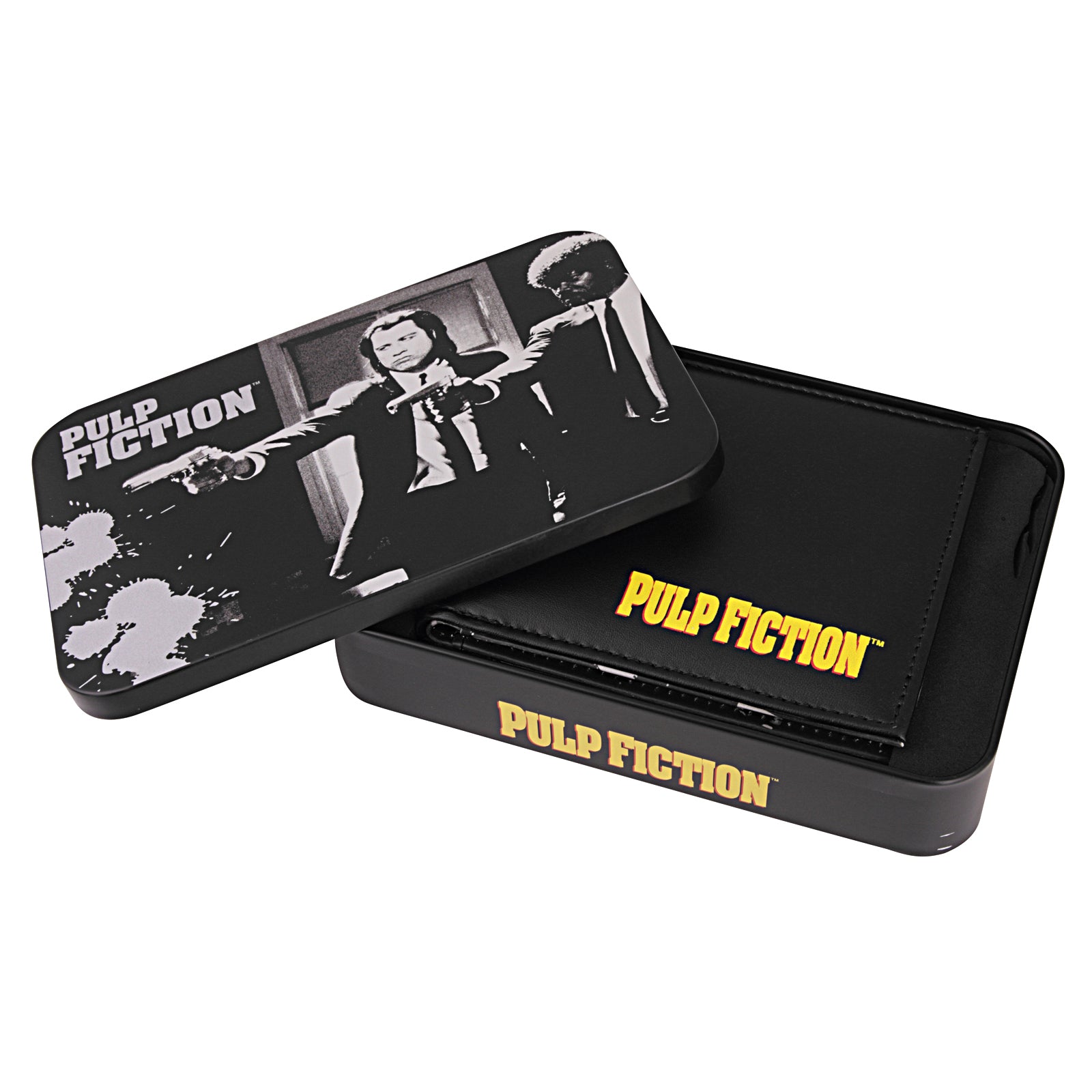 Pulp Fiction black leather money wallet in a tin. Text to front and image print & text inside.