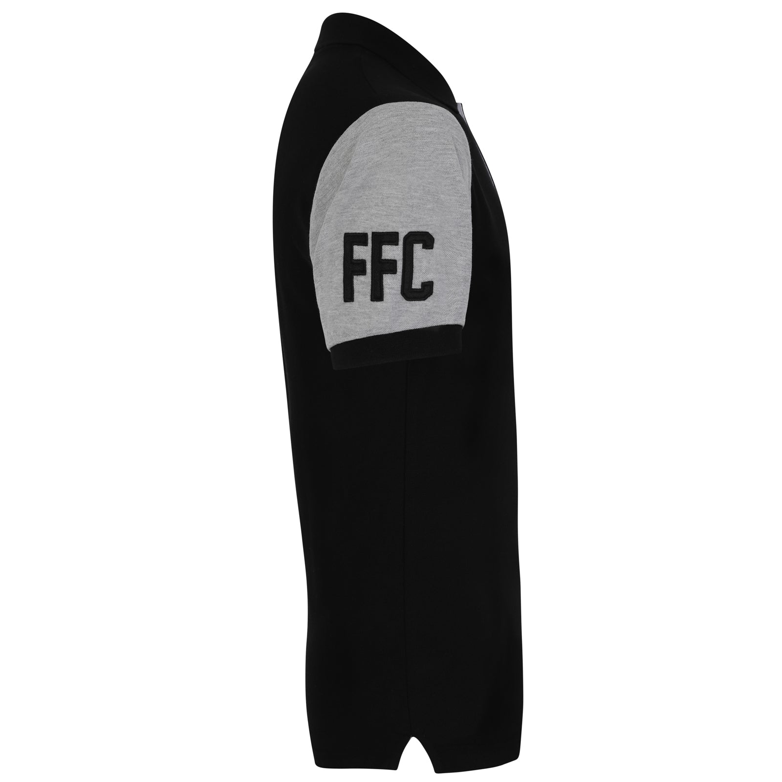 Fulham adults polo shirt in black with club badge to the chest and FFC text to sleeve