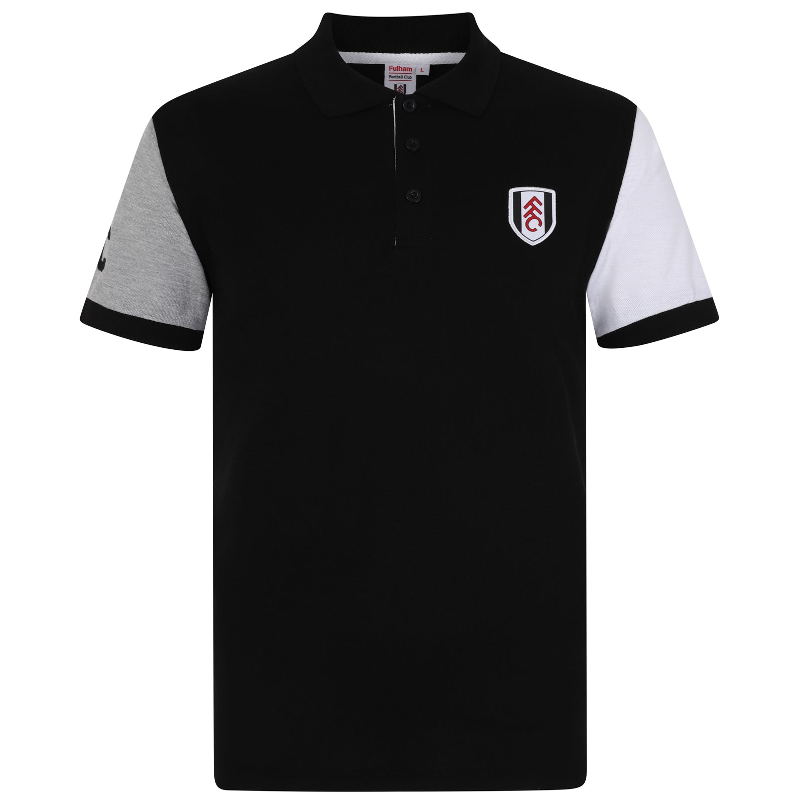 Fulham adults polo shirt in black with club badge to the chest and FFC text to sleeve