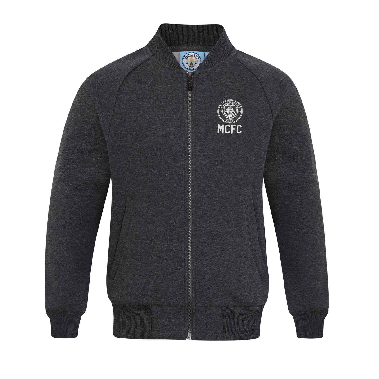 Man City kids retro varsity jacket, fleece in charcoal grey with club crest to chest.