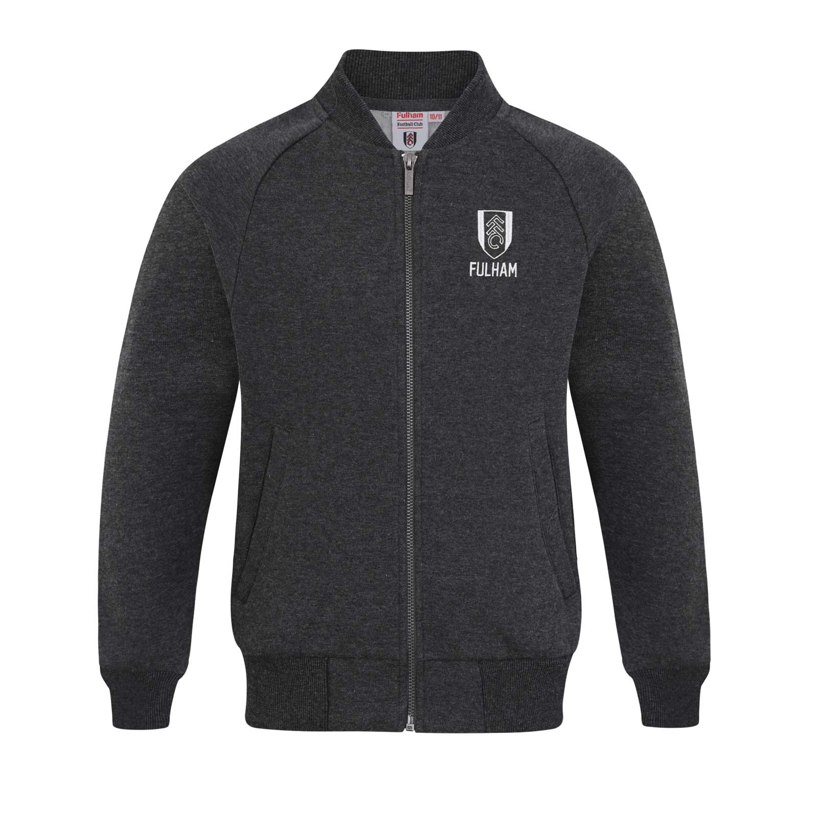 Fulham kids retro varsity jacket, fleece in charcoal grey with club crest to chest.