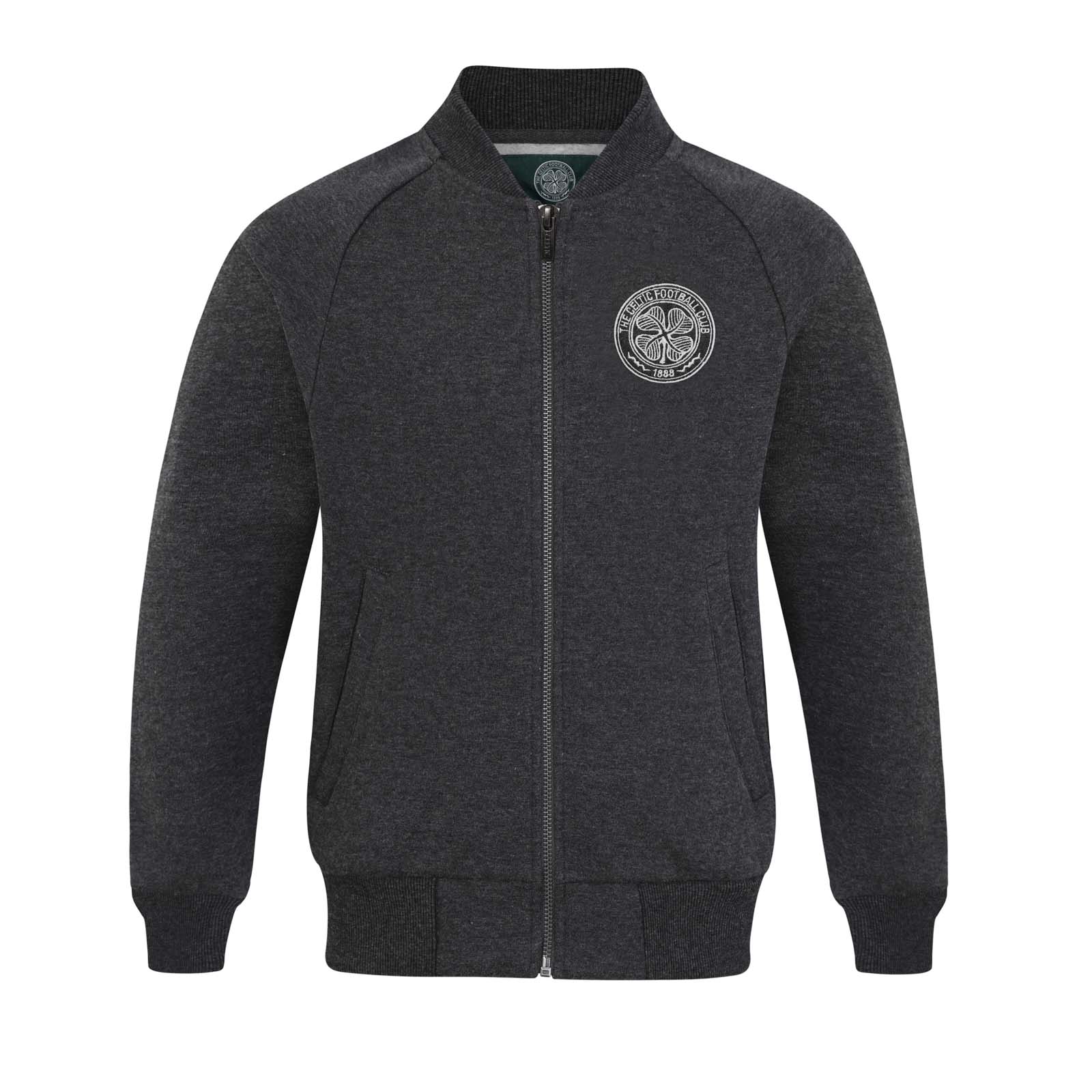Celtic kids retro varsity jacket, fleece in charcoal grey with club crest to chest.