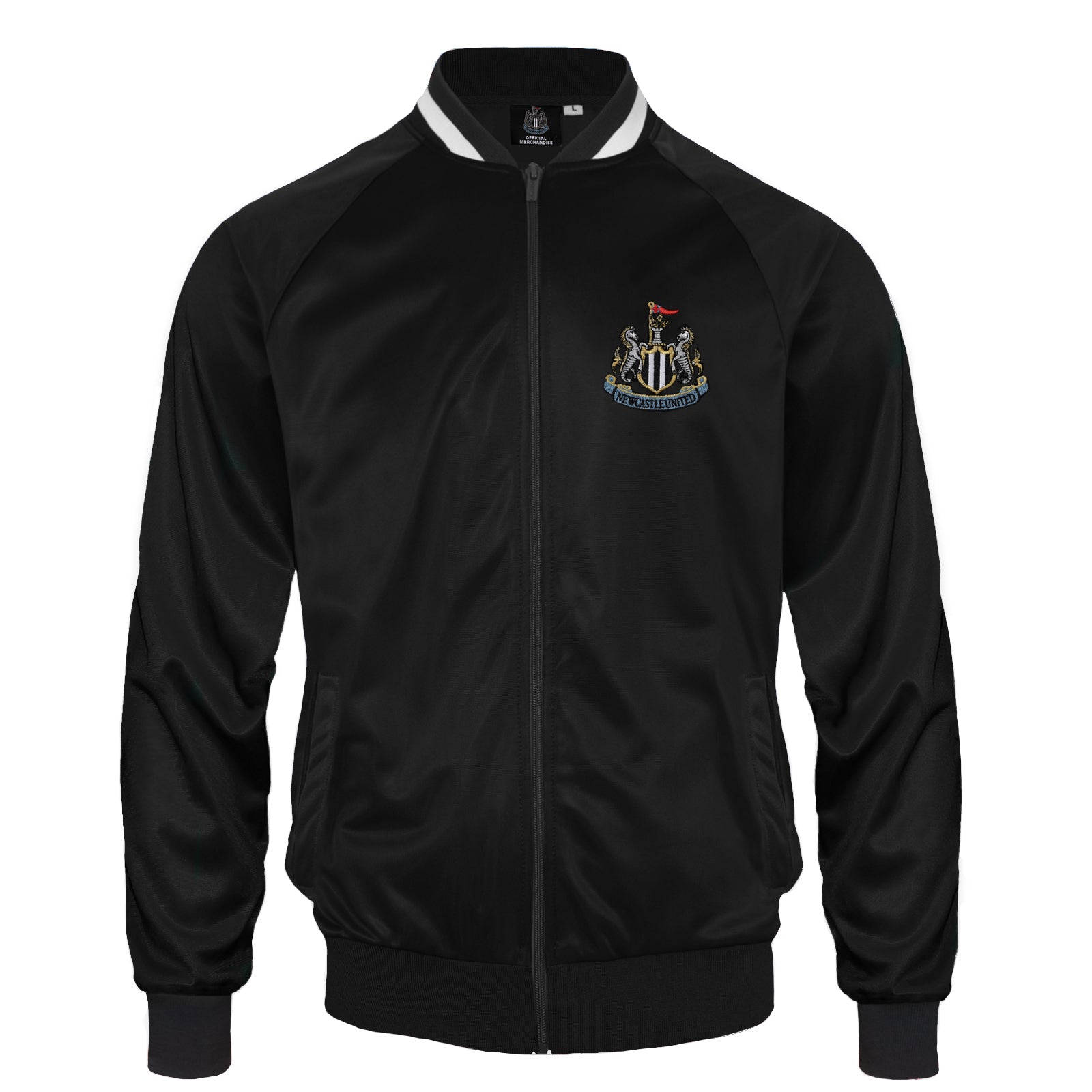 Newcastle Utd adults retro track jacket in black with club crest to chest.