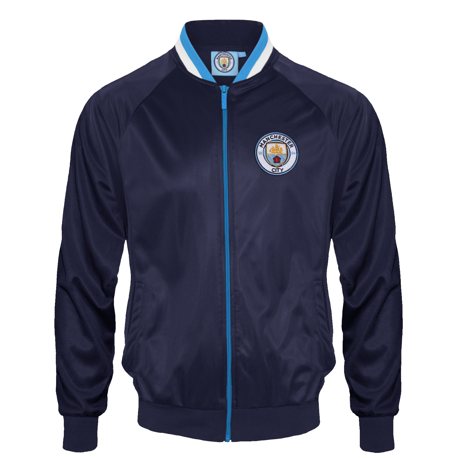 Man City adults retro track jacket in navy blue with club crest to chest.